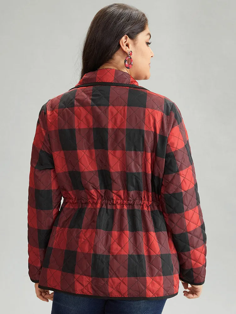 Plaid Contrast Trim Drawstring Button Through Coat