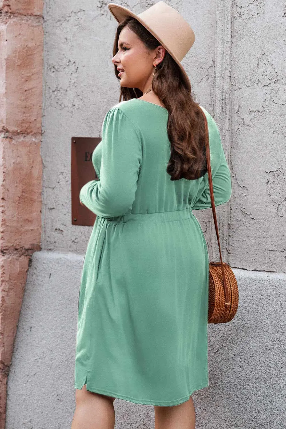 Plus Size Button Front Elastic Waist Long Sleeve Dress