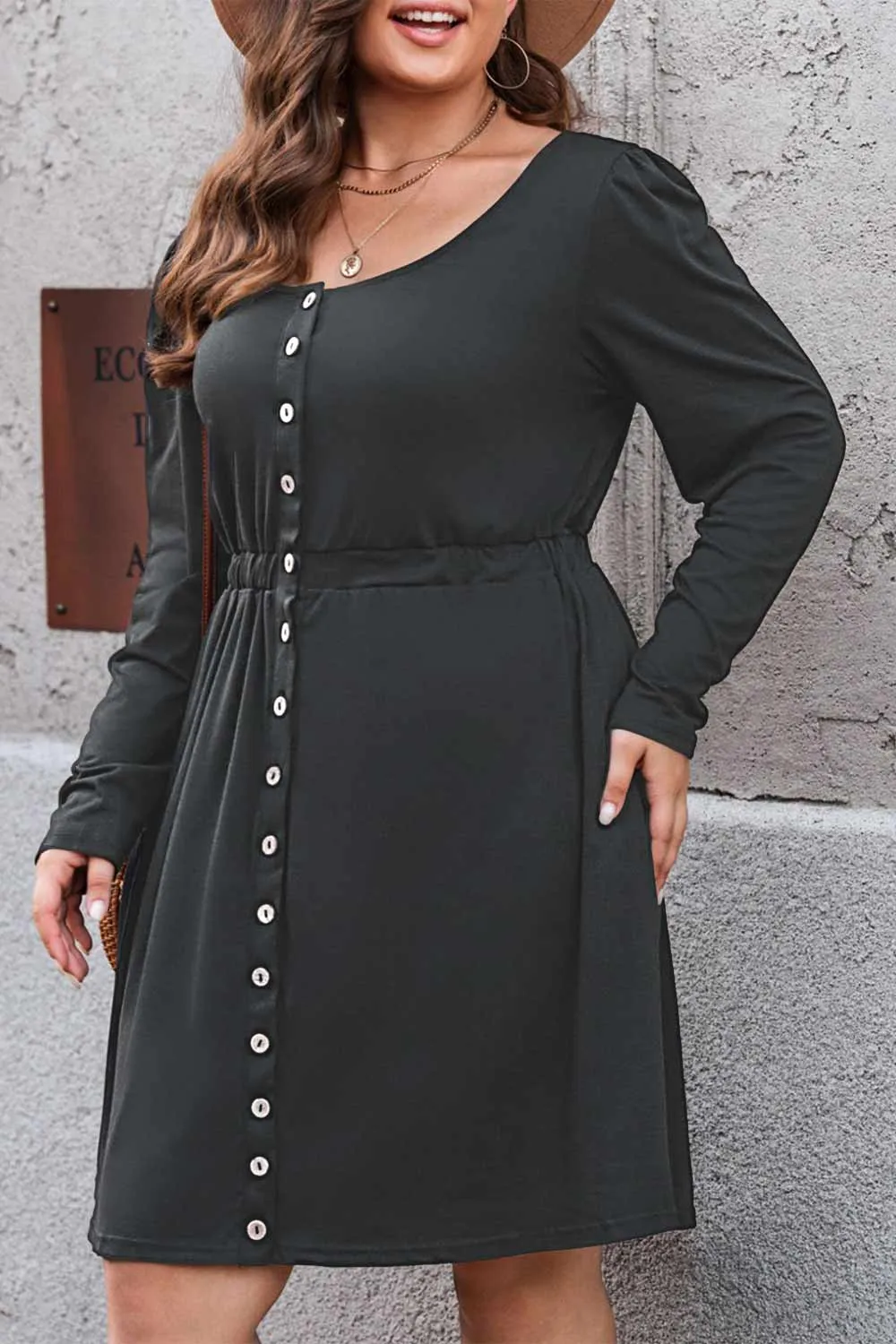 Plus Size Button Front Elastic Waist Long Sleeve Dress