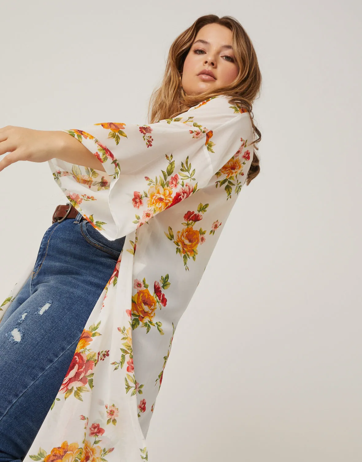 Plus Size Floral Printed Mesh Cardigan