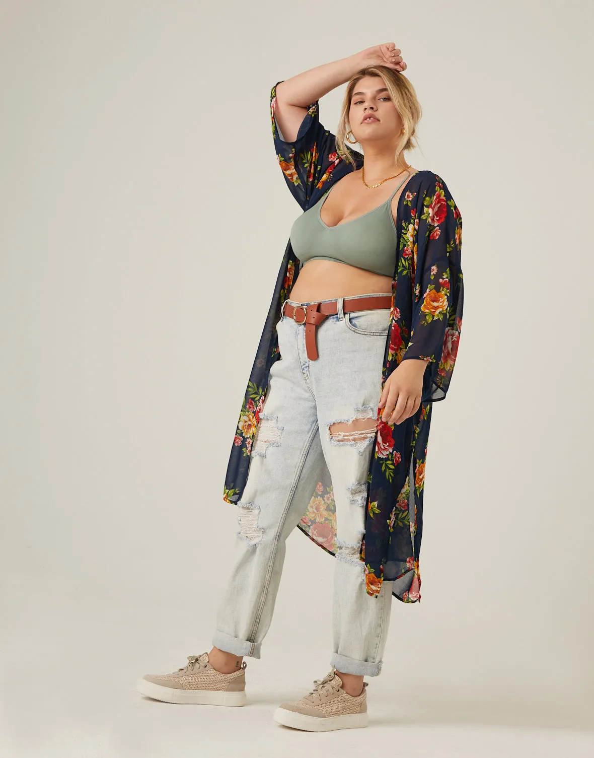 Plus Size Floral Printed Mesh Cardigan