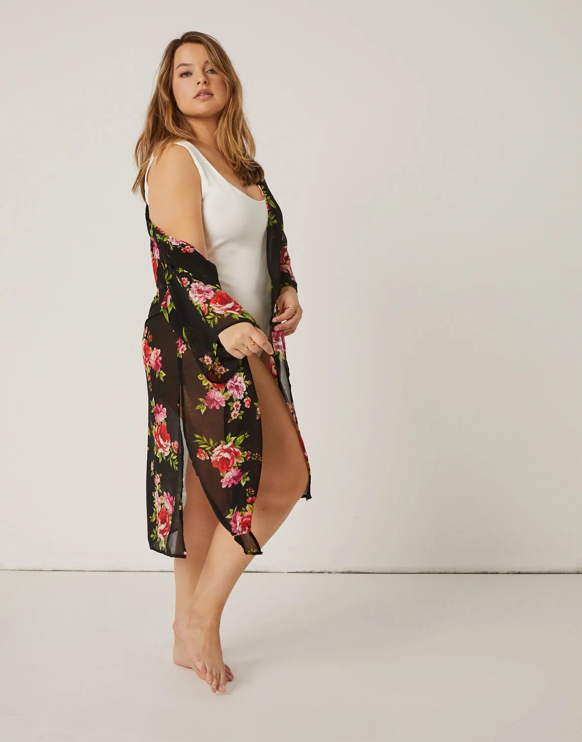 Plus Size Floral Printed Mesh Cardigan