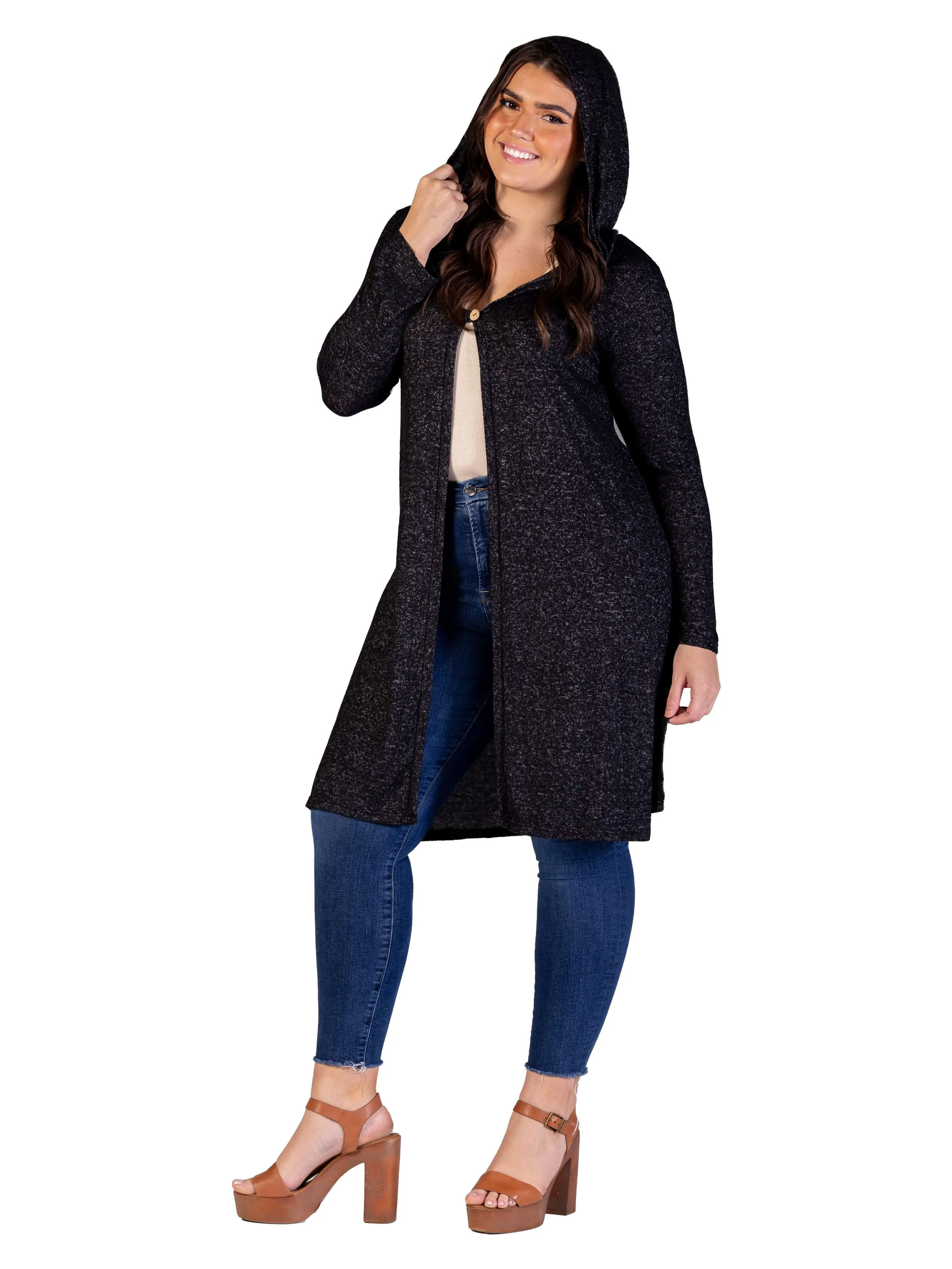 Plus Size Knee Length Long Sleeve Hooded Womens Cardigan Shrug