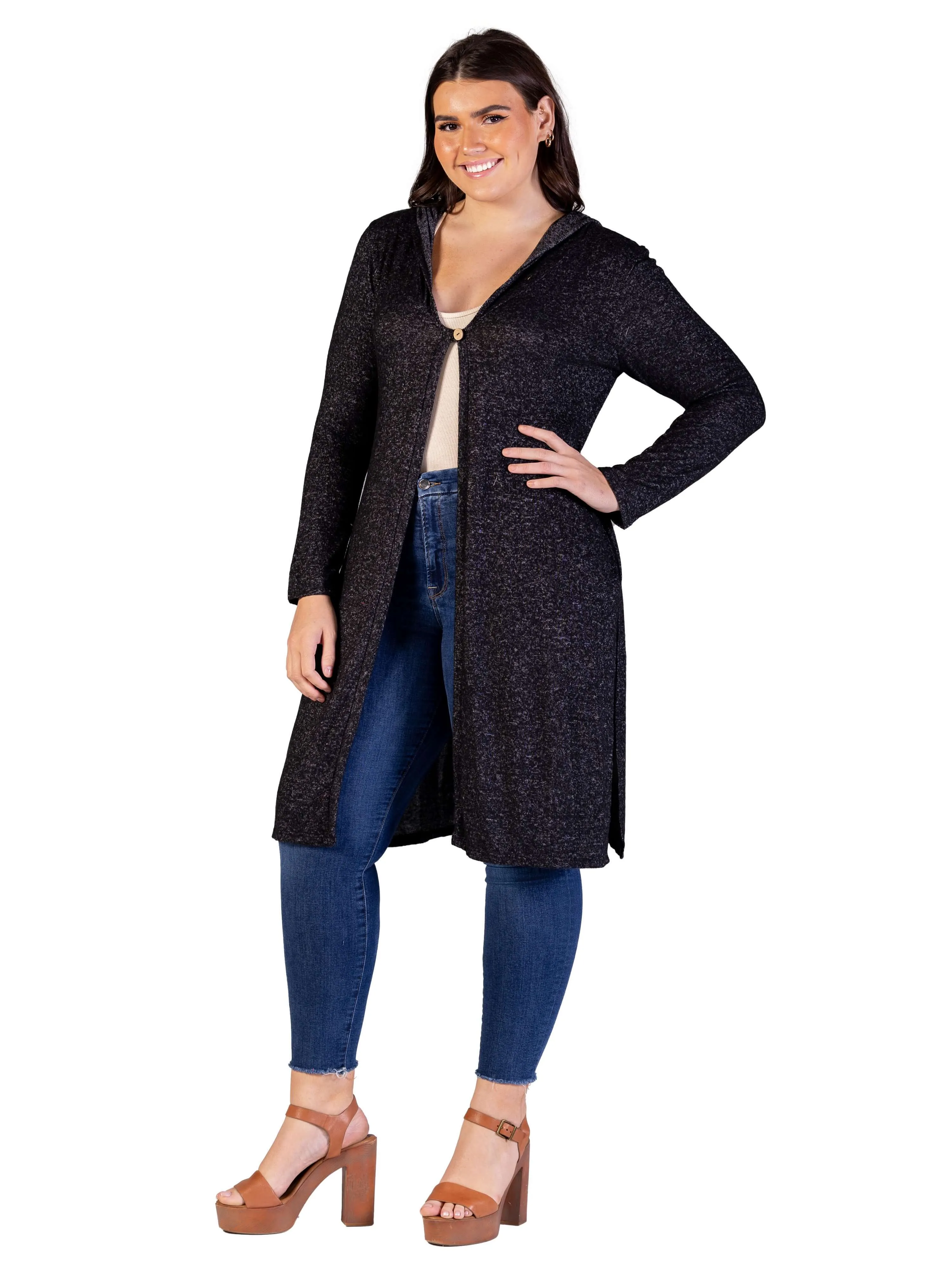 Plus Size Knee Length Long Sleeve Hooded Womens Cardigan Shrug