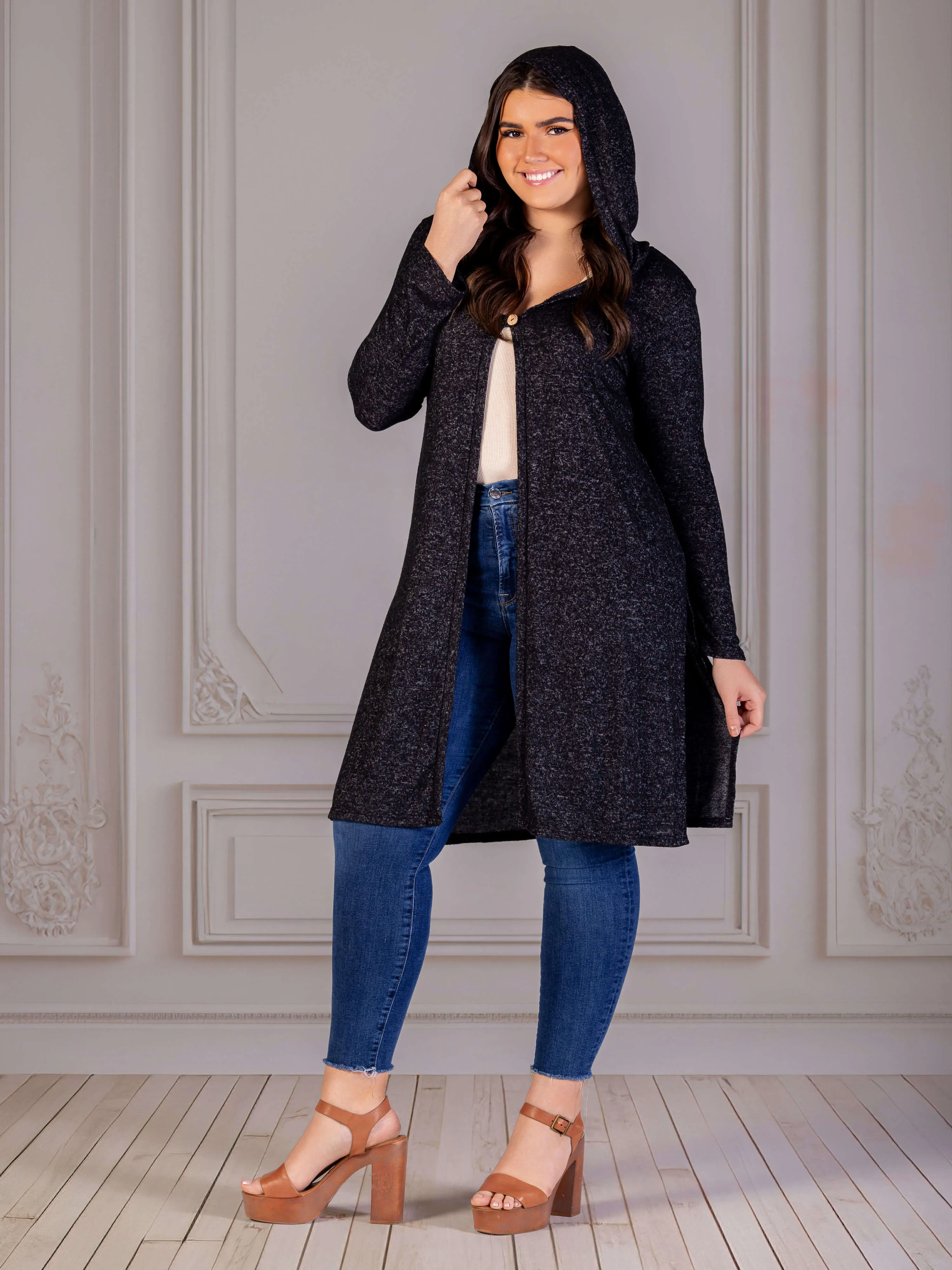 Plus Size Knee Length Long Sleeve Hooded Womens Cardigan Shrug