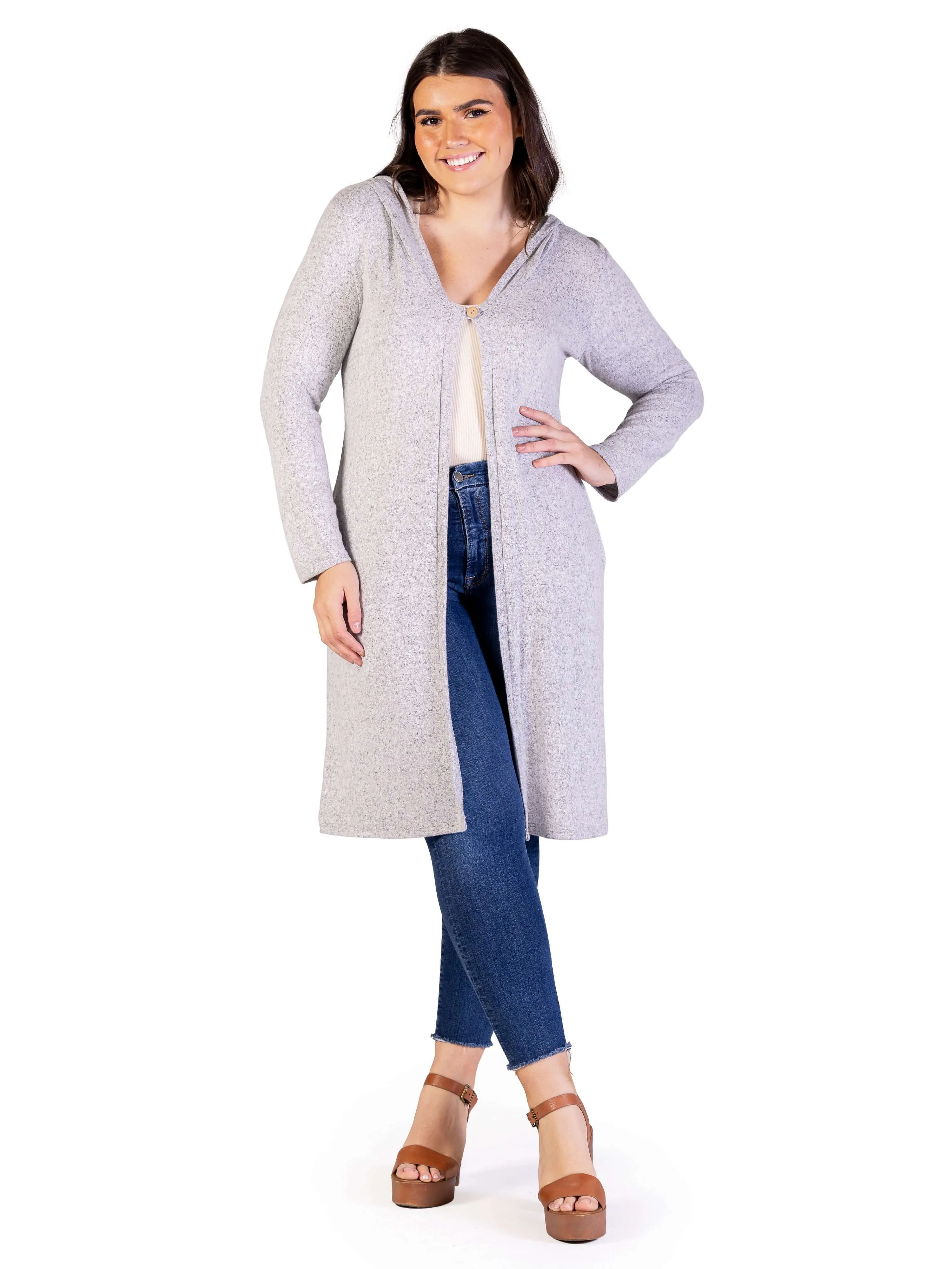 Plus Size Knee Length Long Sleeve Hooded Womens Cardigan Shrug