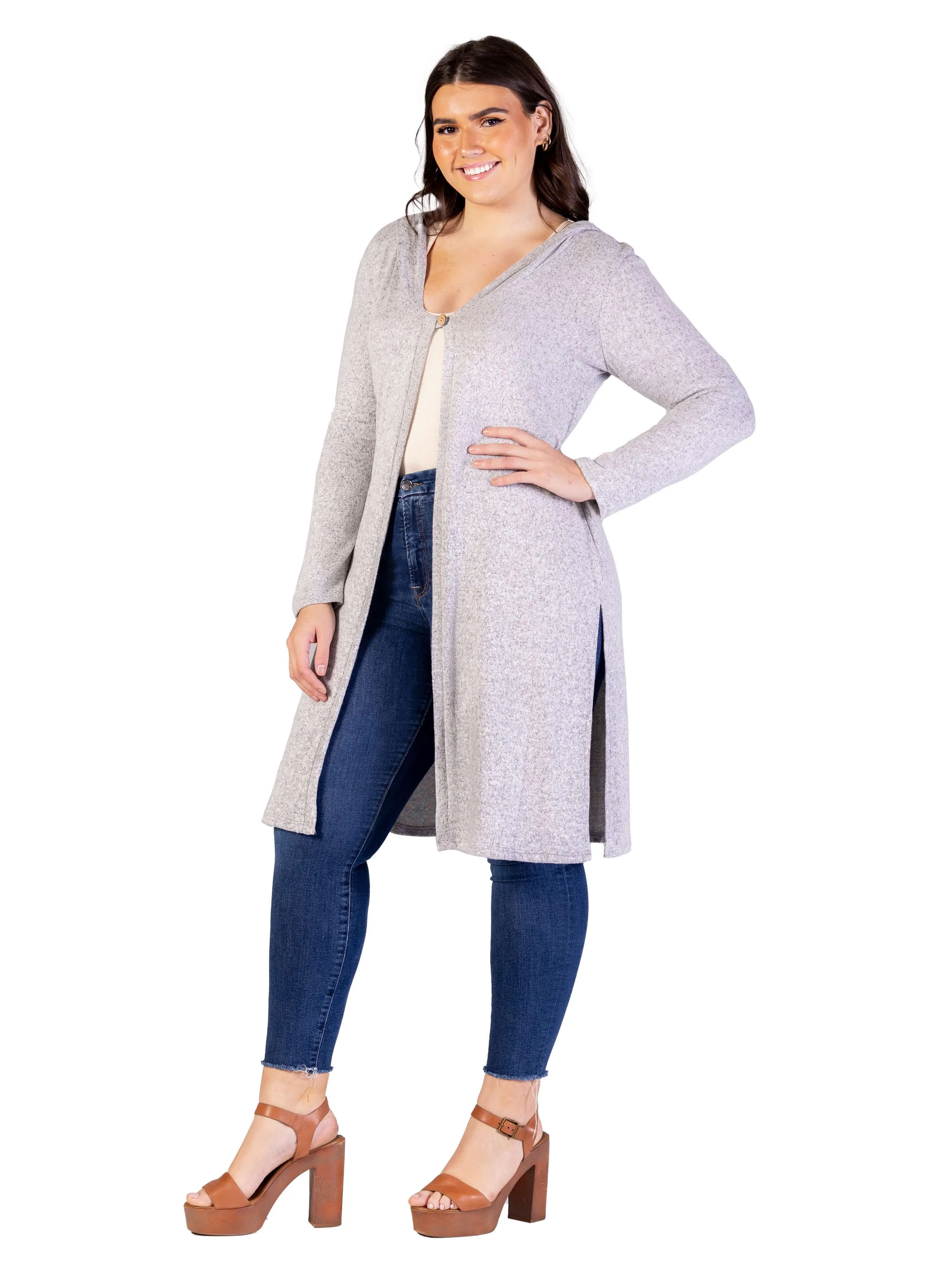 Plus Size Knee Length Long Sleeve Hooded Womens Cardigan Shrug