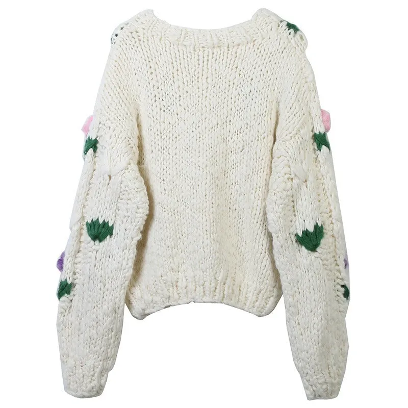 Pre Order:  Flower Handmade Loose White Knitted Cardigan