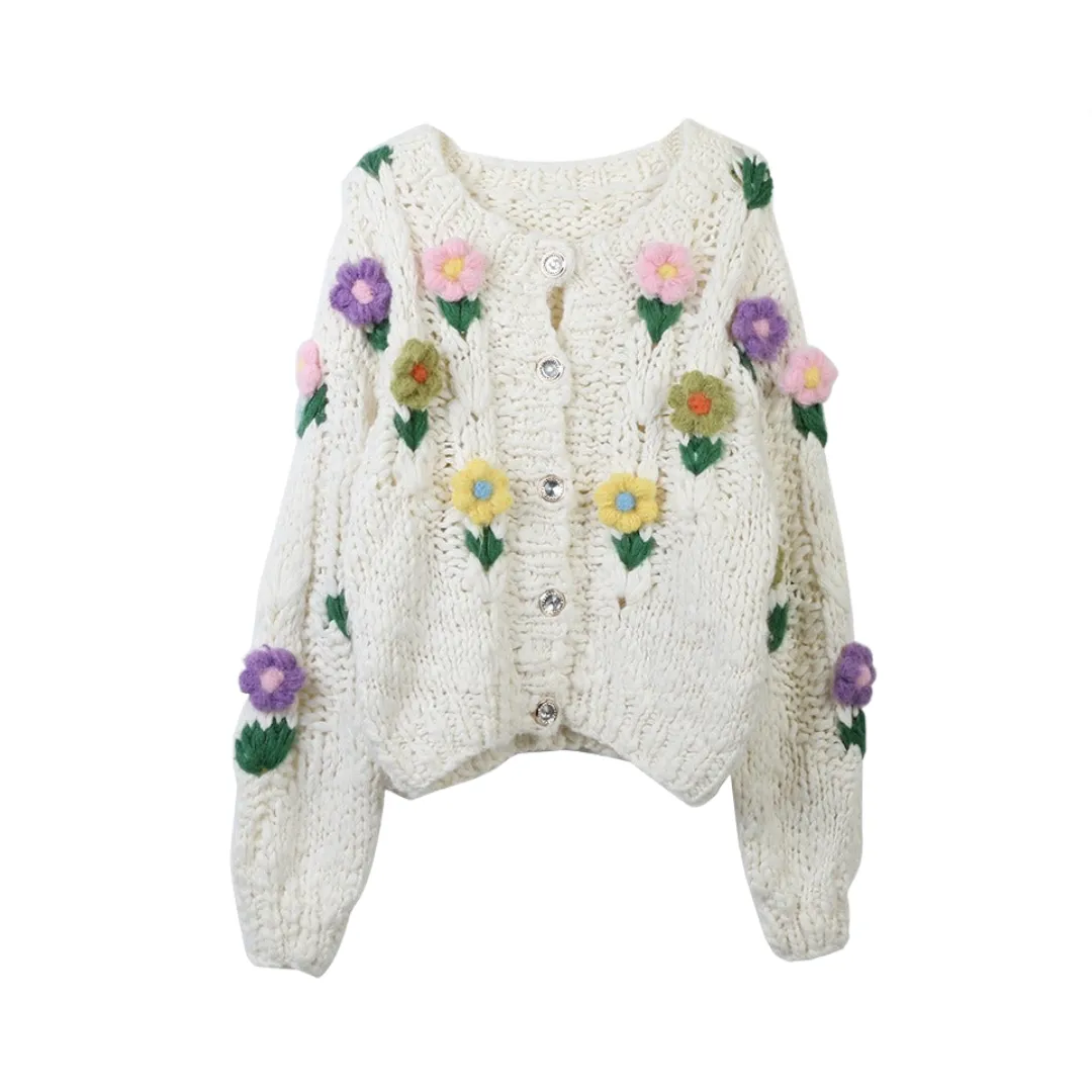 Pre Order:  Flower Handmade Loose White Knitted Cardigan