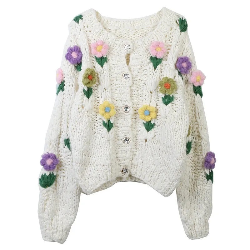 Pre Order:  Flower Handmade Loose White Knitted Cardigan