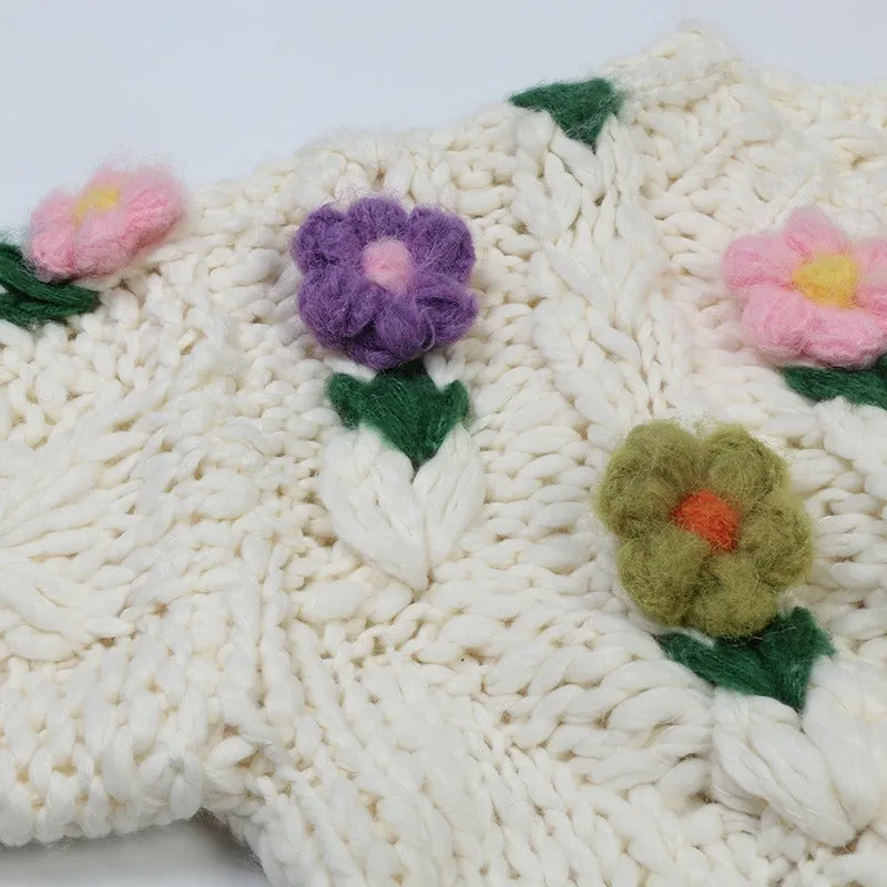 Pre Order:  Flower Handmade Loose White Knitted Cardigan