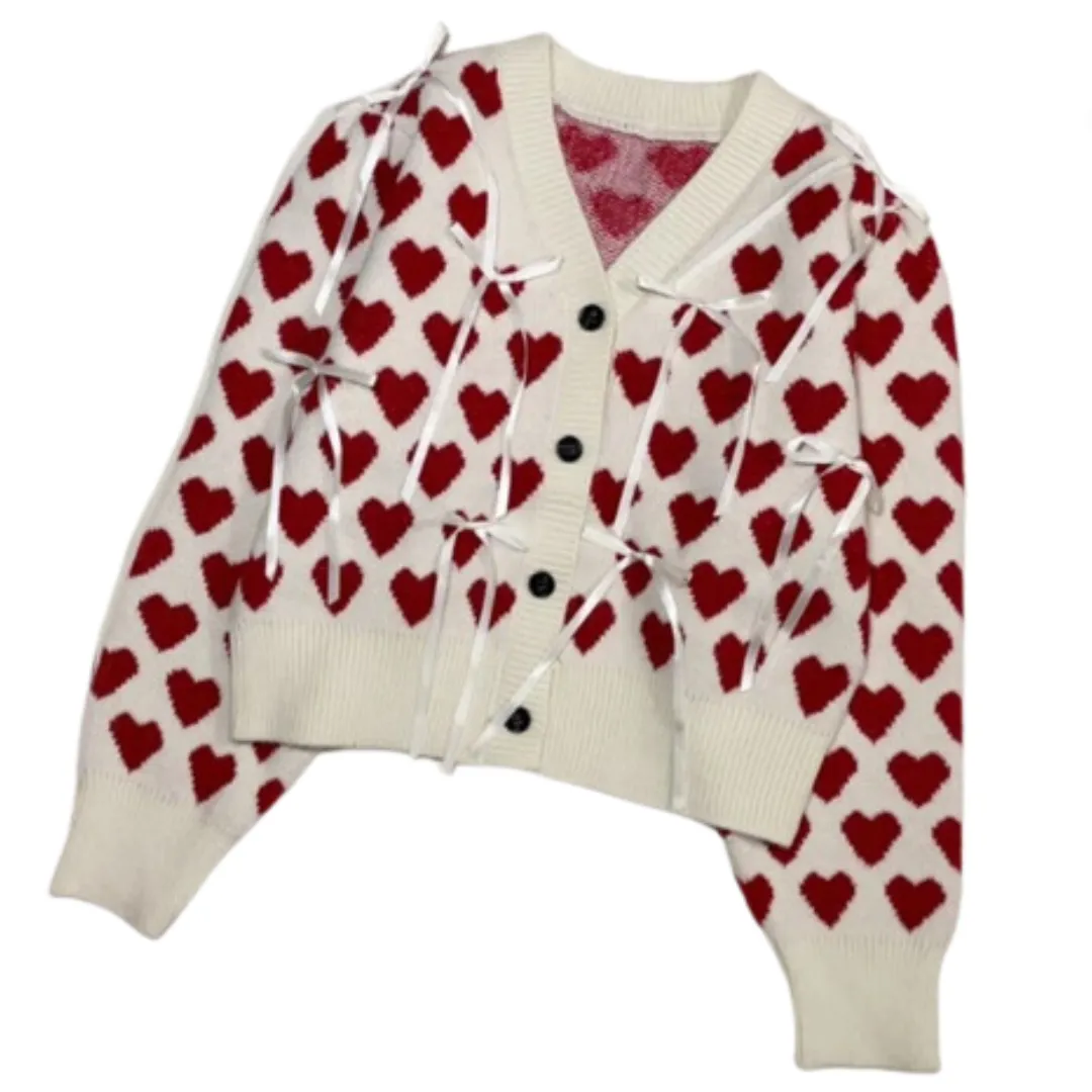 Pre Order:  Retro V-Neck Love Jacquard Bow Soft Cardigan