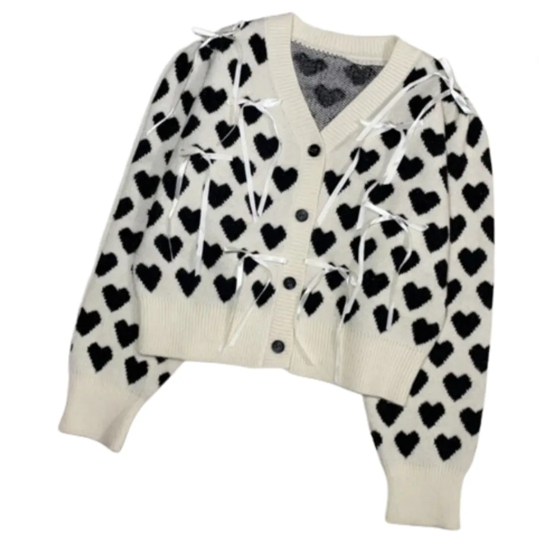 Pre Order:  Retro V-Neck Love Jacquard Bow Soft Cardigan