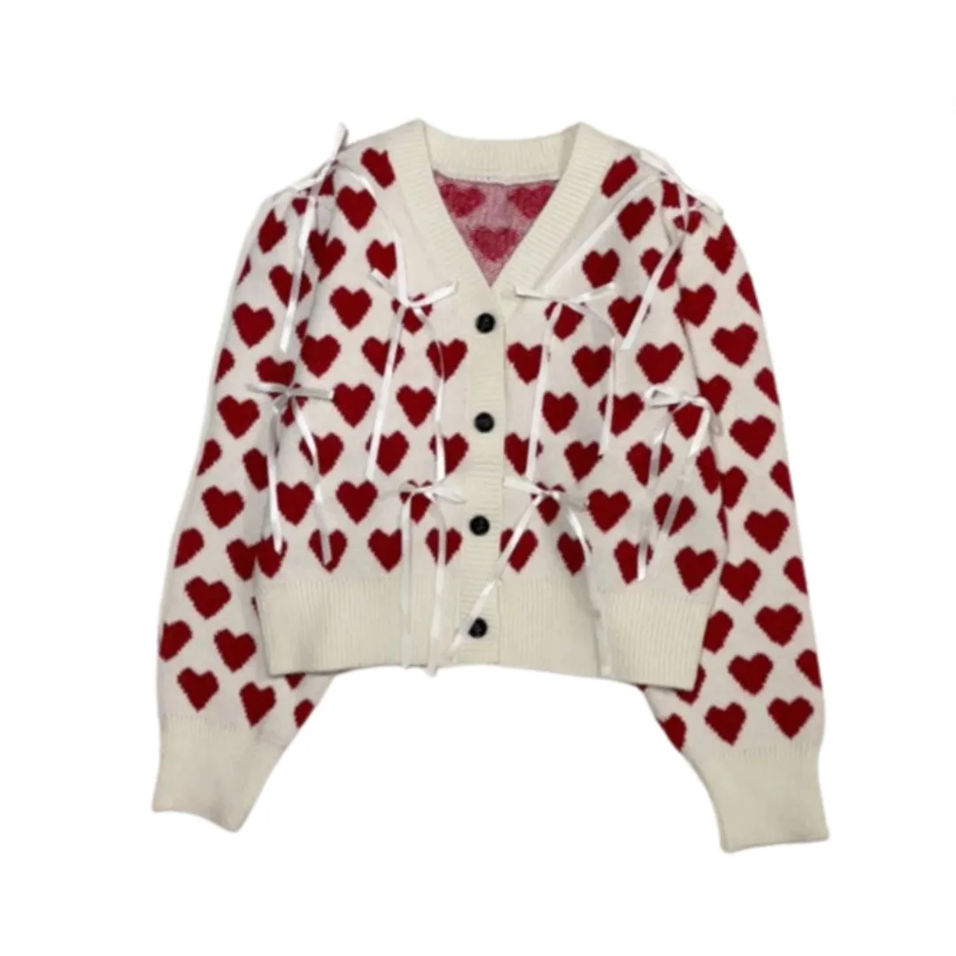 Pre Order:  Retro V-Neck Love Jacquard Bow Soft Cardigan