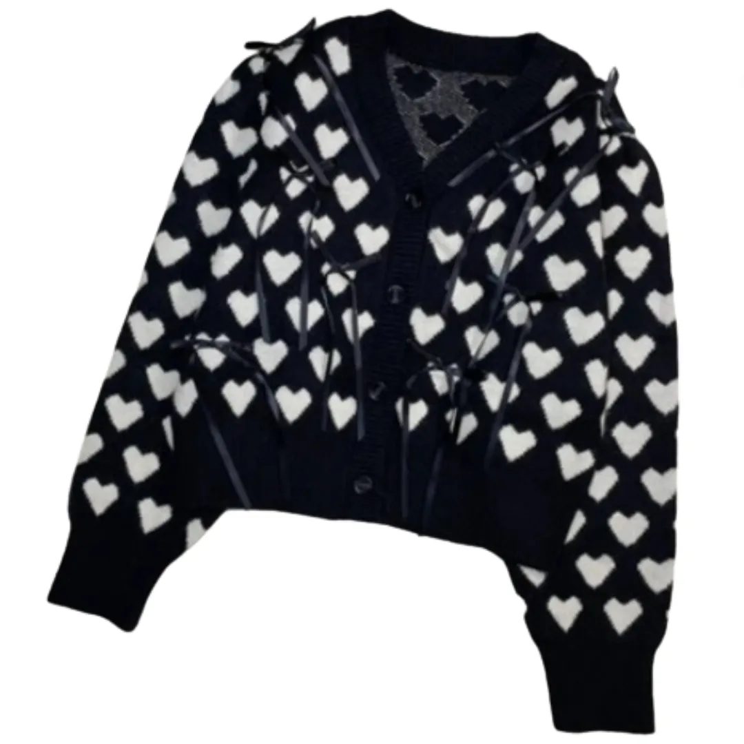 Pre Order:  Retro V-Neck Love Jacquard Bow Soft Cardigan