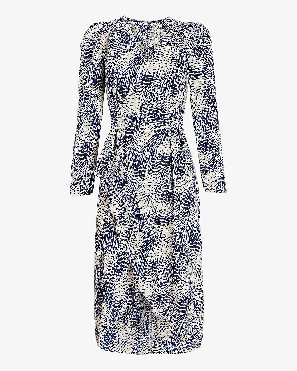 Printed Puff Sleeve Midi Dress in Blue Print