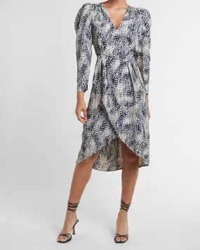 Printed Puff Sleeve Midi Dress in Blue Print