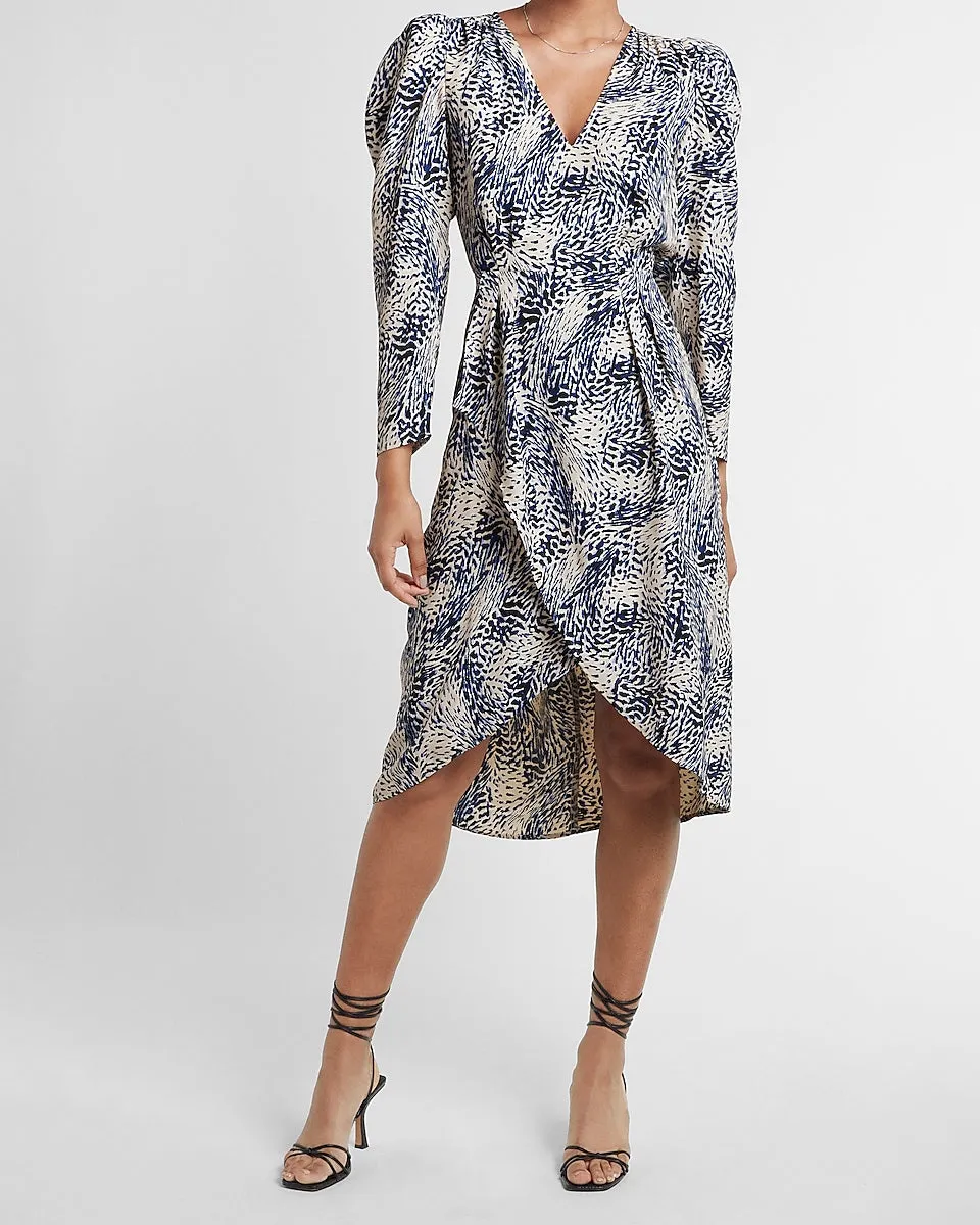 Printed Puff Sleeve Midi Dress in Blue Print