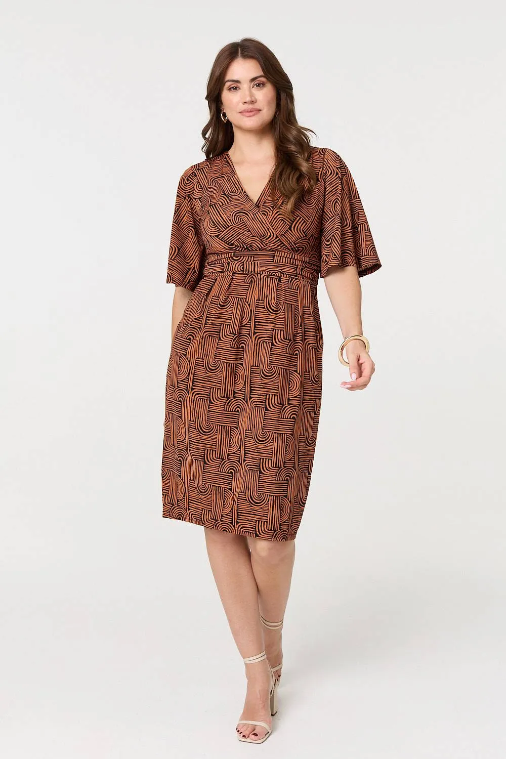 Printed Ruched Faux Wrap Knee Length Dress