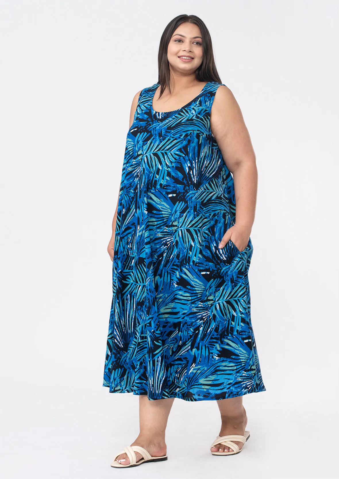 Printed Umbrella Midi Dress With Pockets