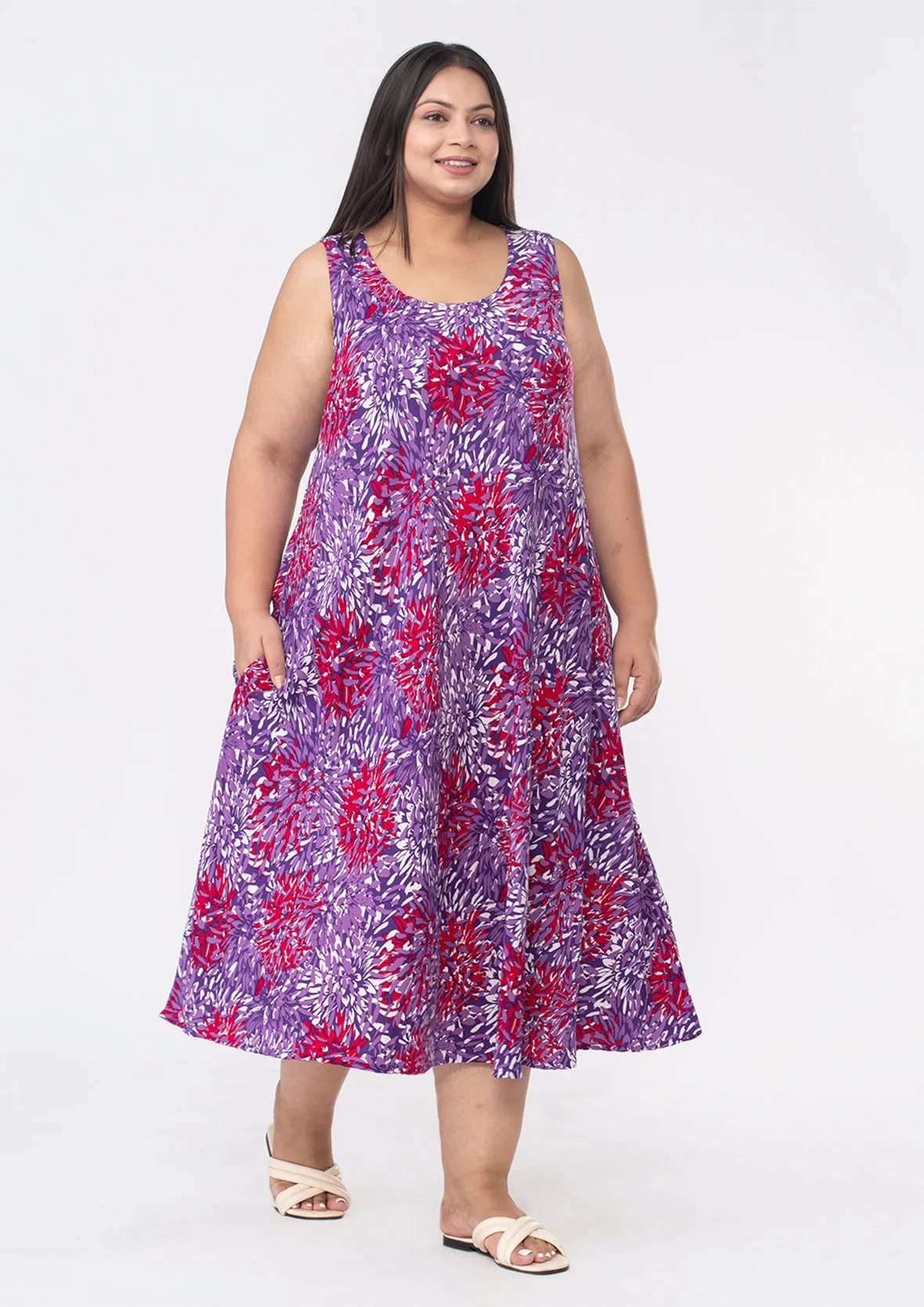 Printed Umbrella Midi Dress With Pockets