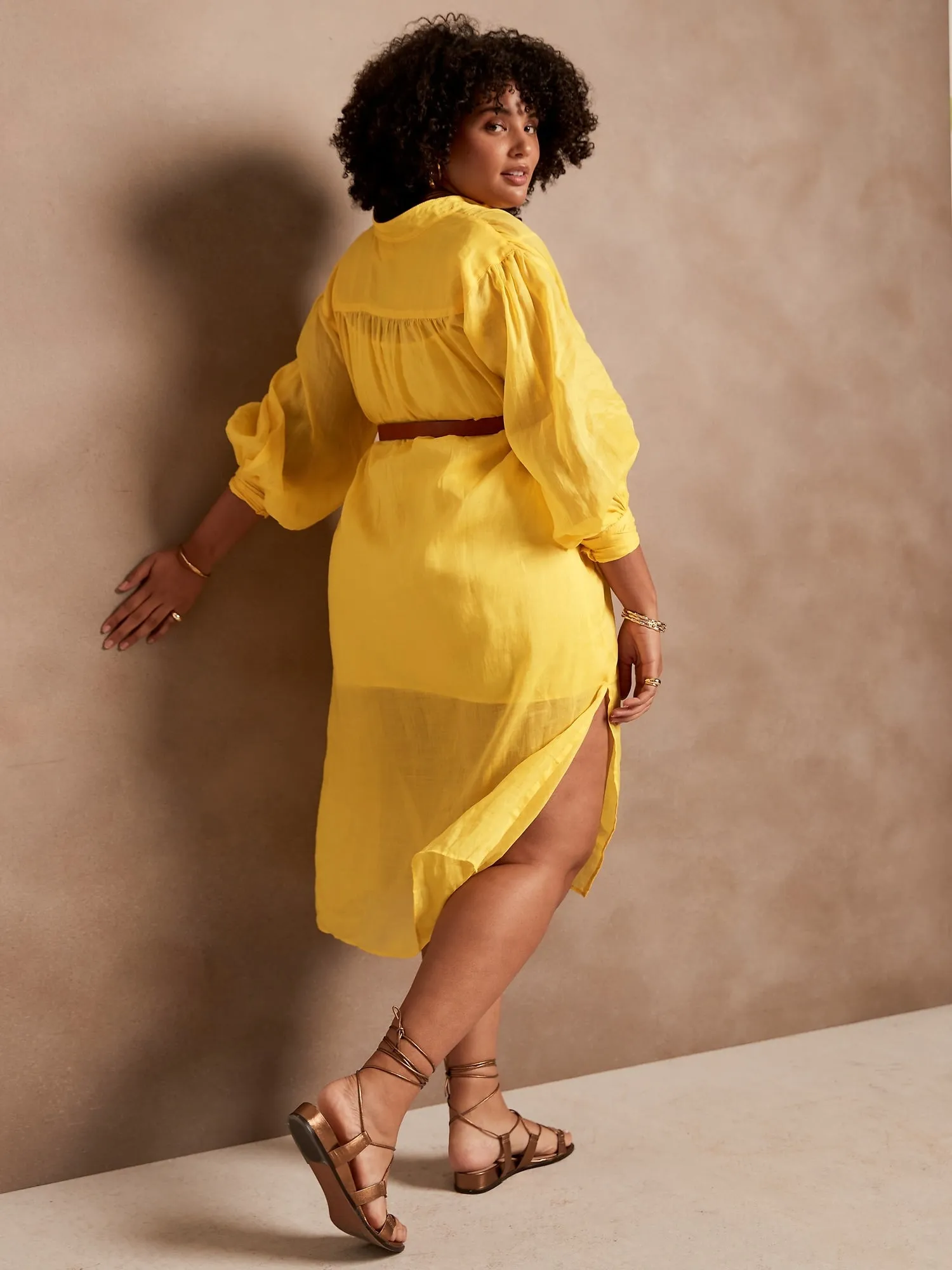 Ramie Popover Midi Shirt Dress in Going Bananas