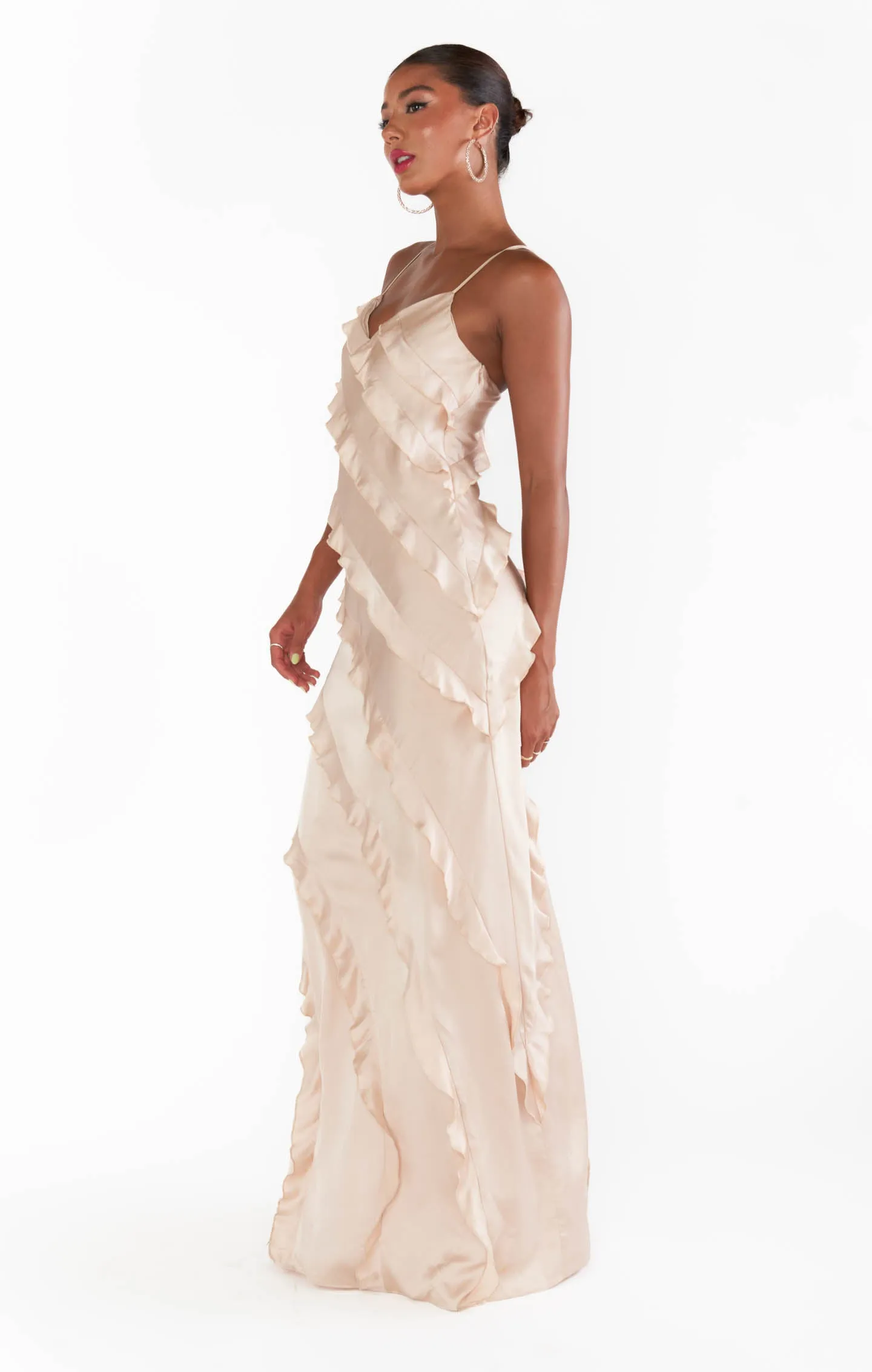 Romance Ruffle Dress ~ Champagne Luxe Satin