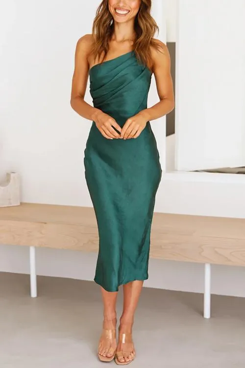 Ruched One Shoulder Slip Midi Dress