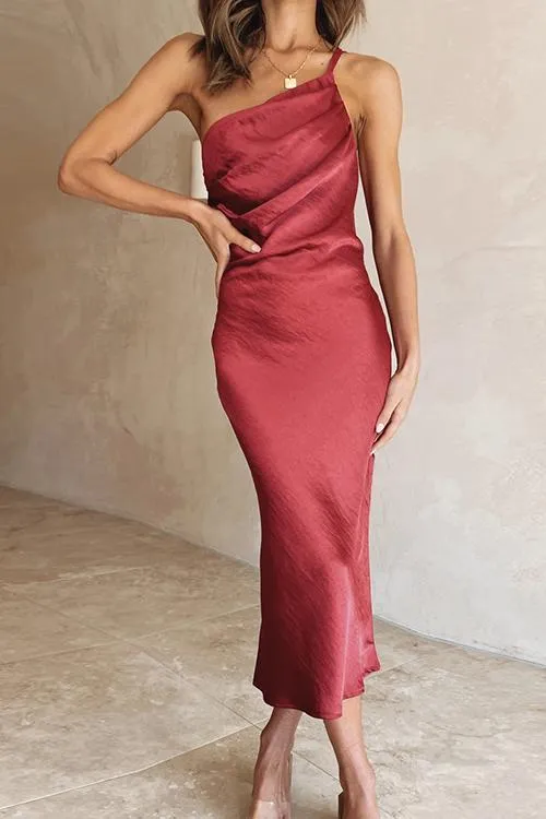 Ruched One Shoulder Slip Midi Dress