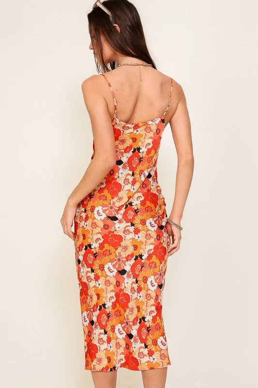 Rust/Cream Satin Floral Print Maxi Dress With Front Slit