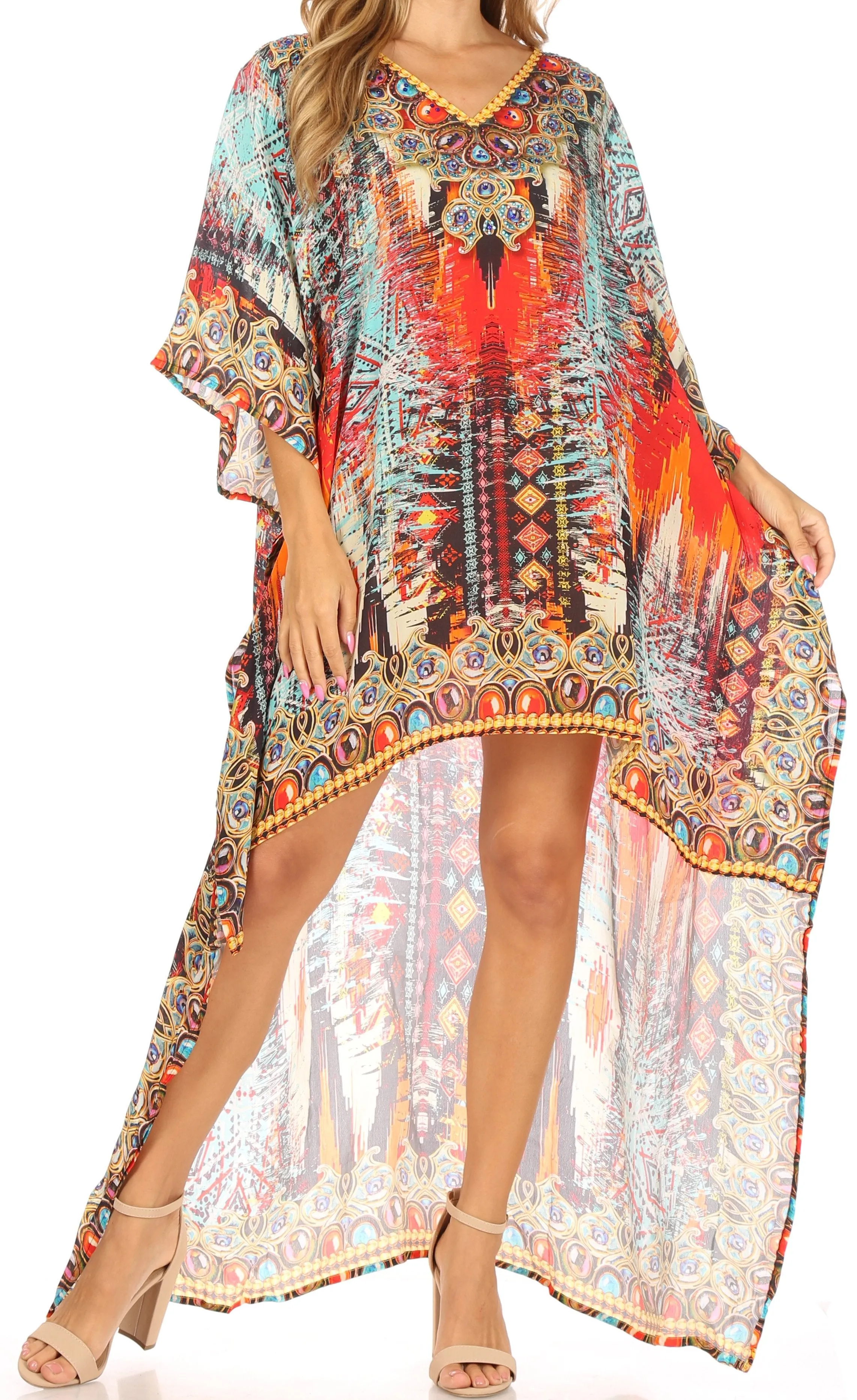 Sakkas Laisson Flowy Hi Low Caftan Rhinestone Boxy V Neck Dress Top Cover / Up