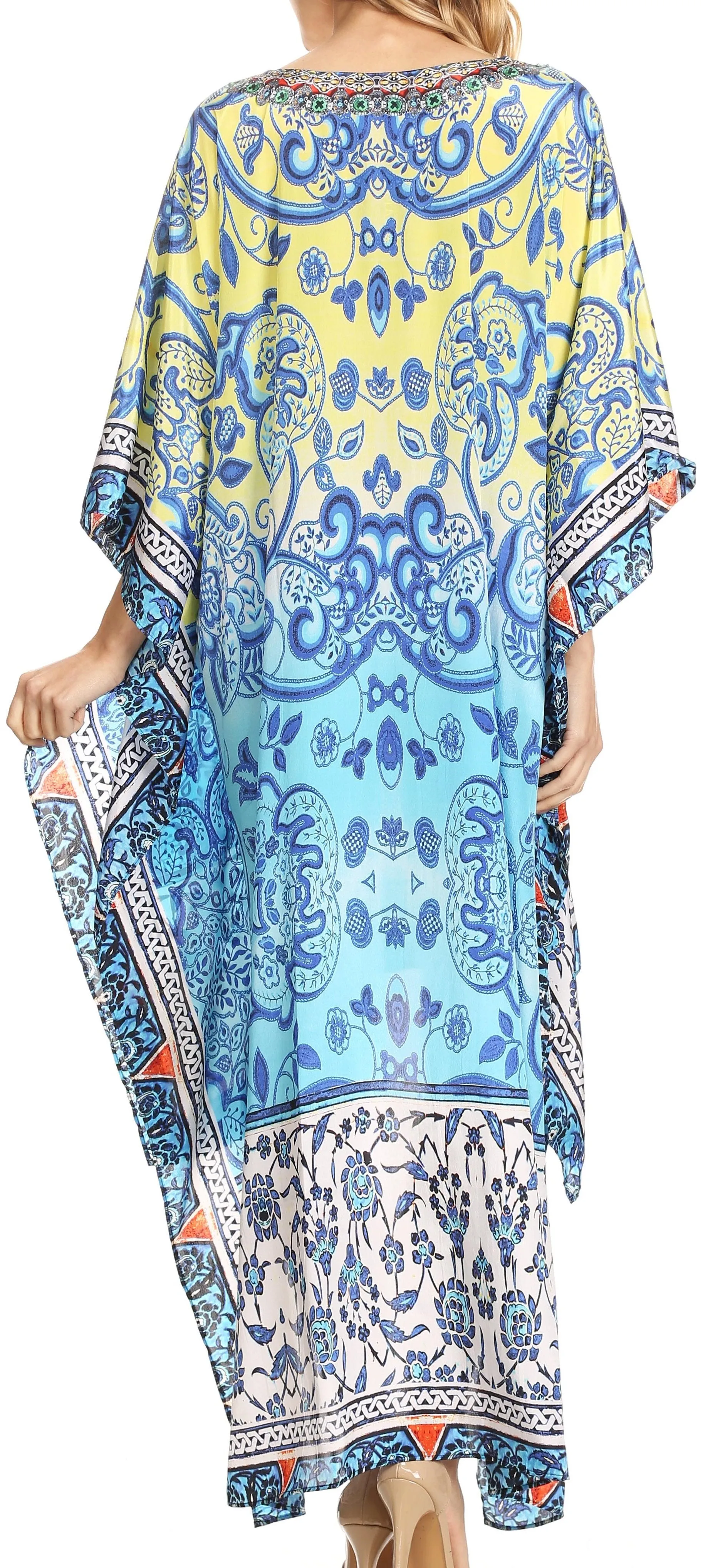 Sakkas Laisson Flowy Hi Low Caftan Rhinestone Boxy V Neck Dress Top Cover / Up