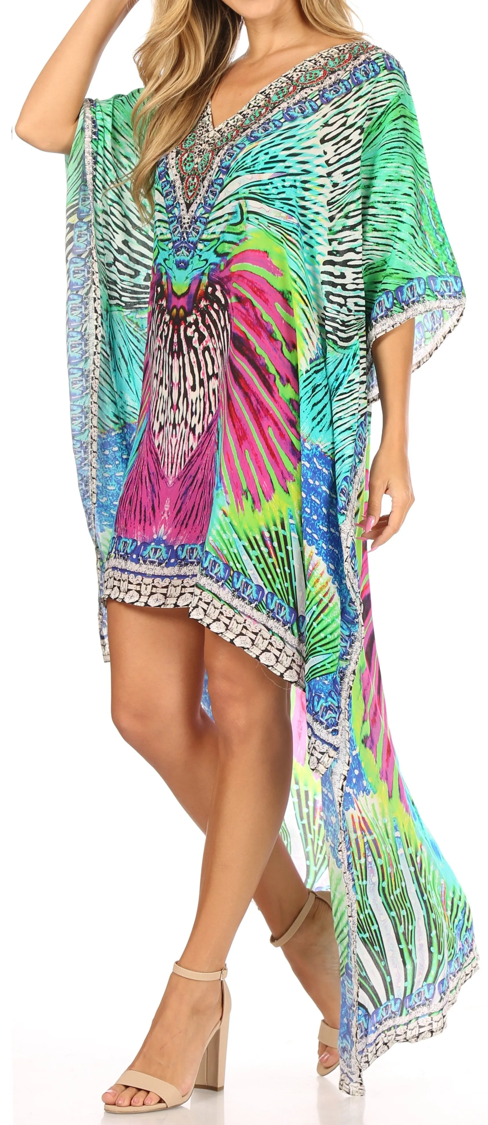 Sakkas Laisson Flowy Hi Low Caftan Rhinestone Boxy V Neck Dress Top Cover / Up