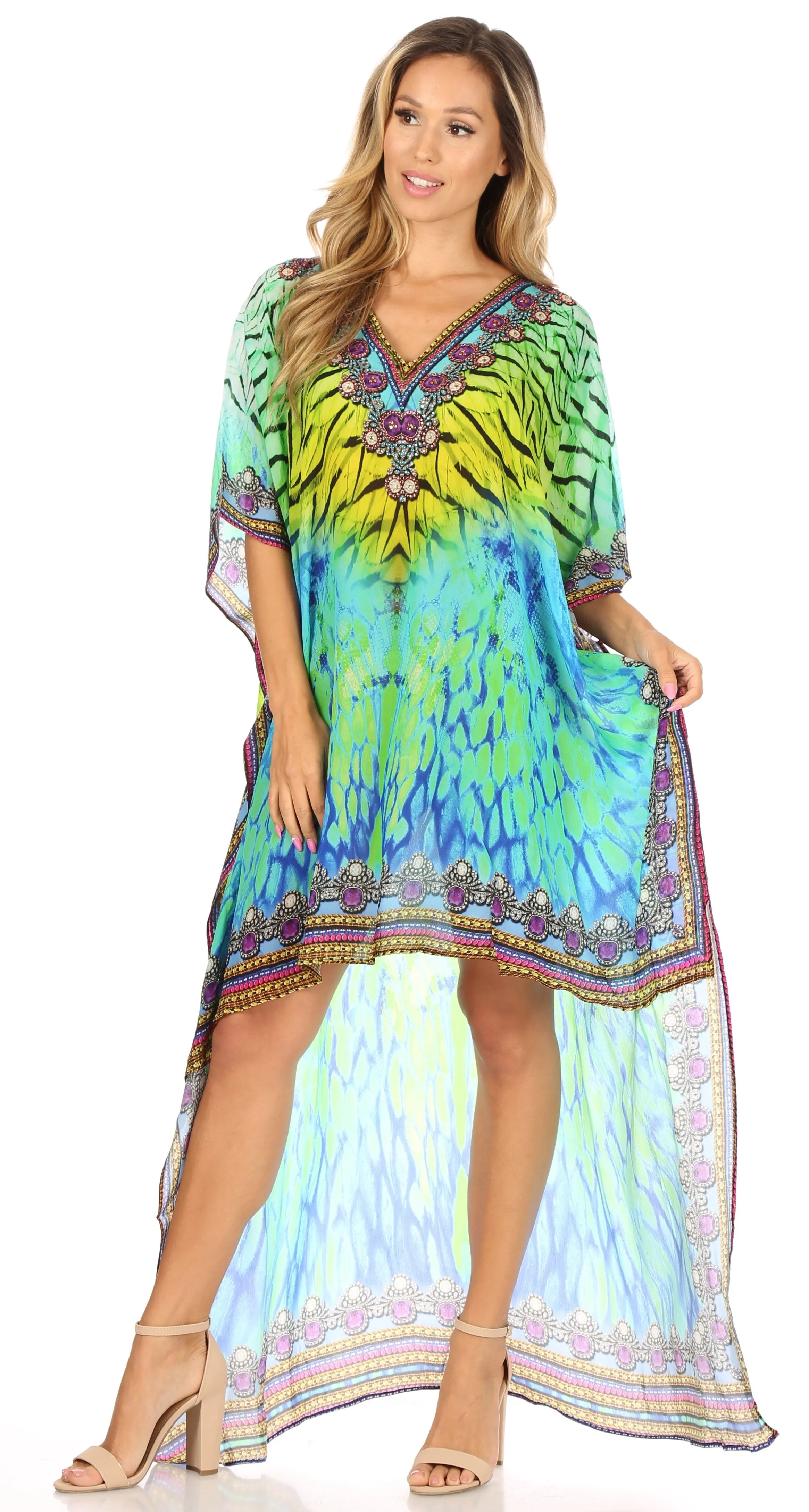 Sakkas Laisson Flowy Hi Low Caftan Rhinestone Boxy V Neck Dress Top Cover / Up