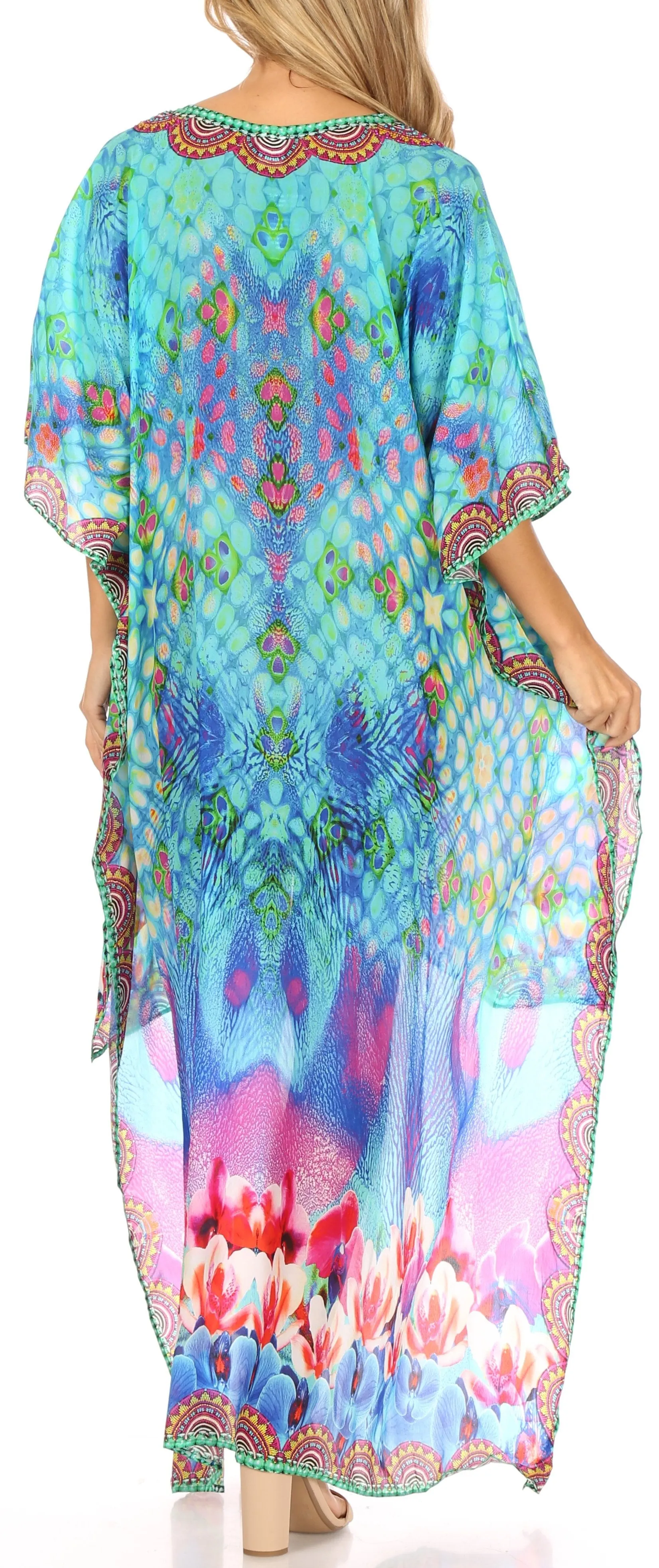 Sakkas Laisson Flowy Hi Low Caftan Rhinestone Boxy V Neck Dress Top Cover / Up