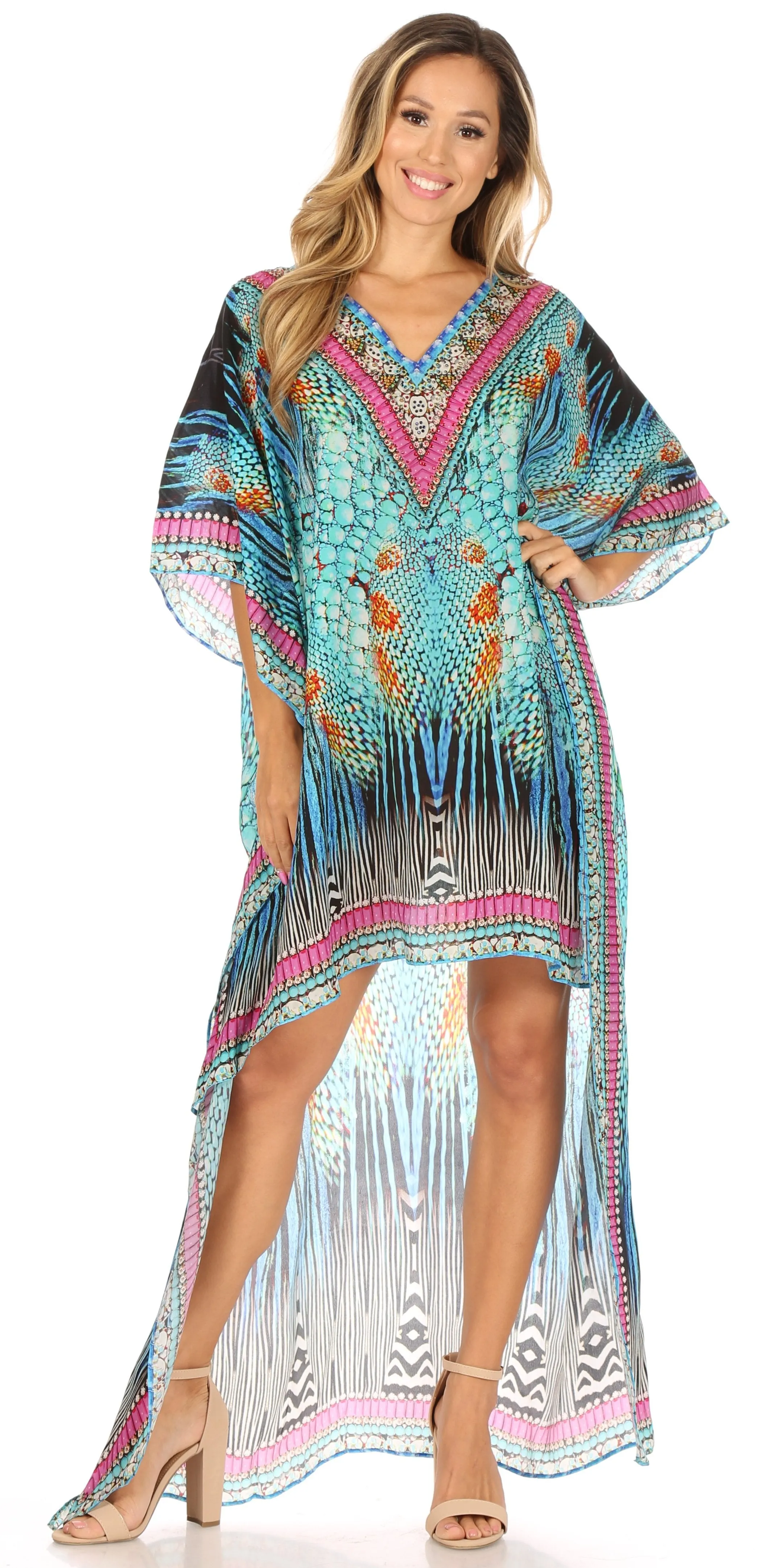 Sakkas Laisson Flowy Hi Low Caftan Rhinestone Boxy V Neck Dress Top Cover / Up