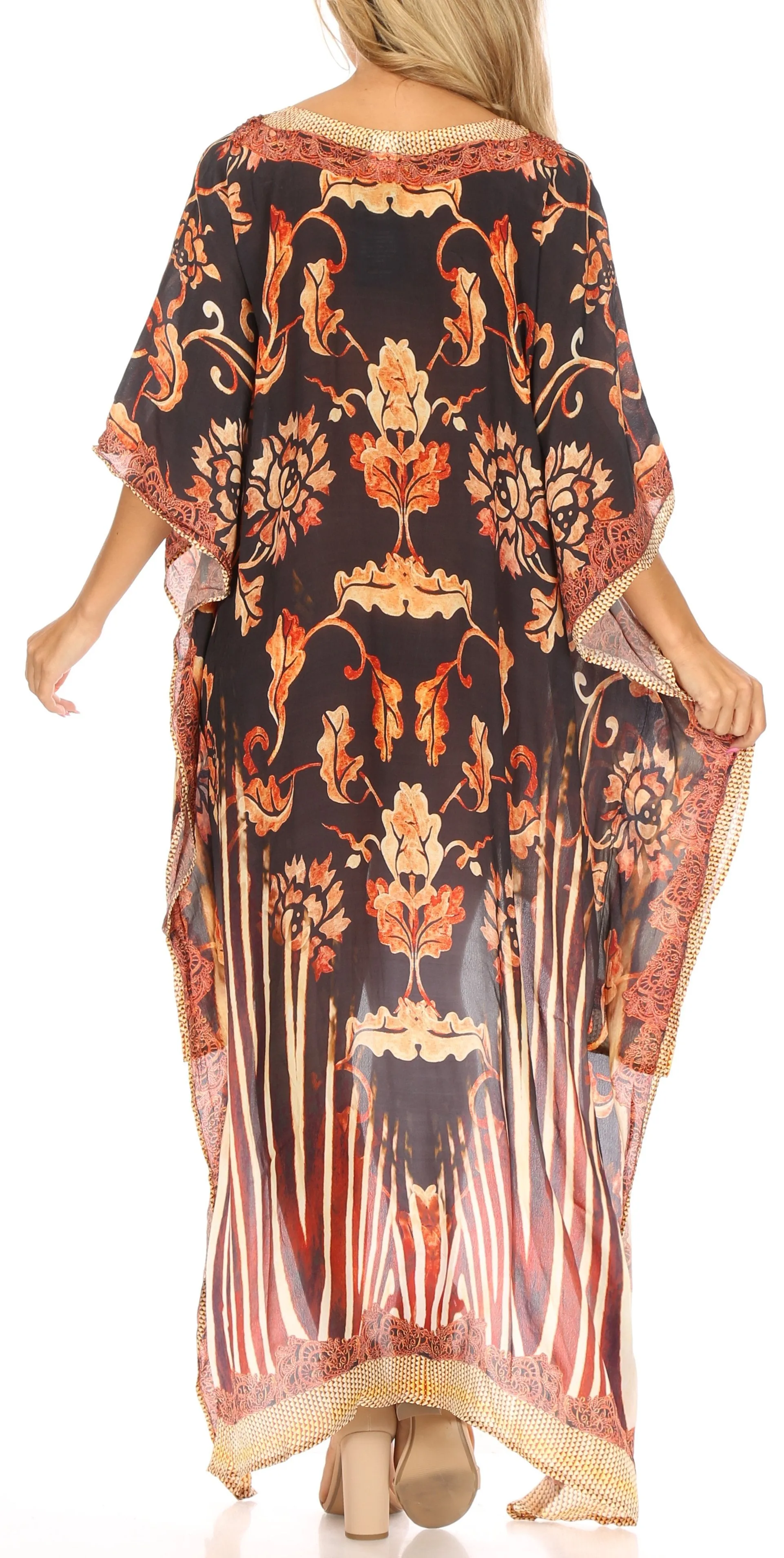 Sakkas Laisson Flowy Hi Low Caftan Rhinestone Boxy V Neck Dress Top Cover / Up