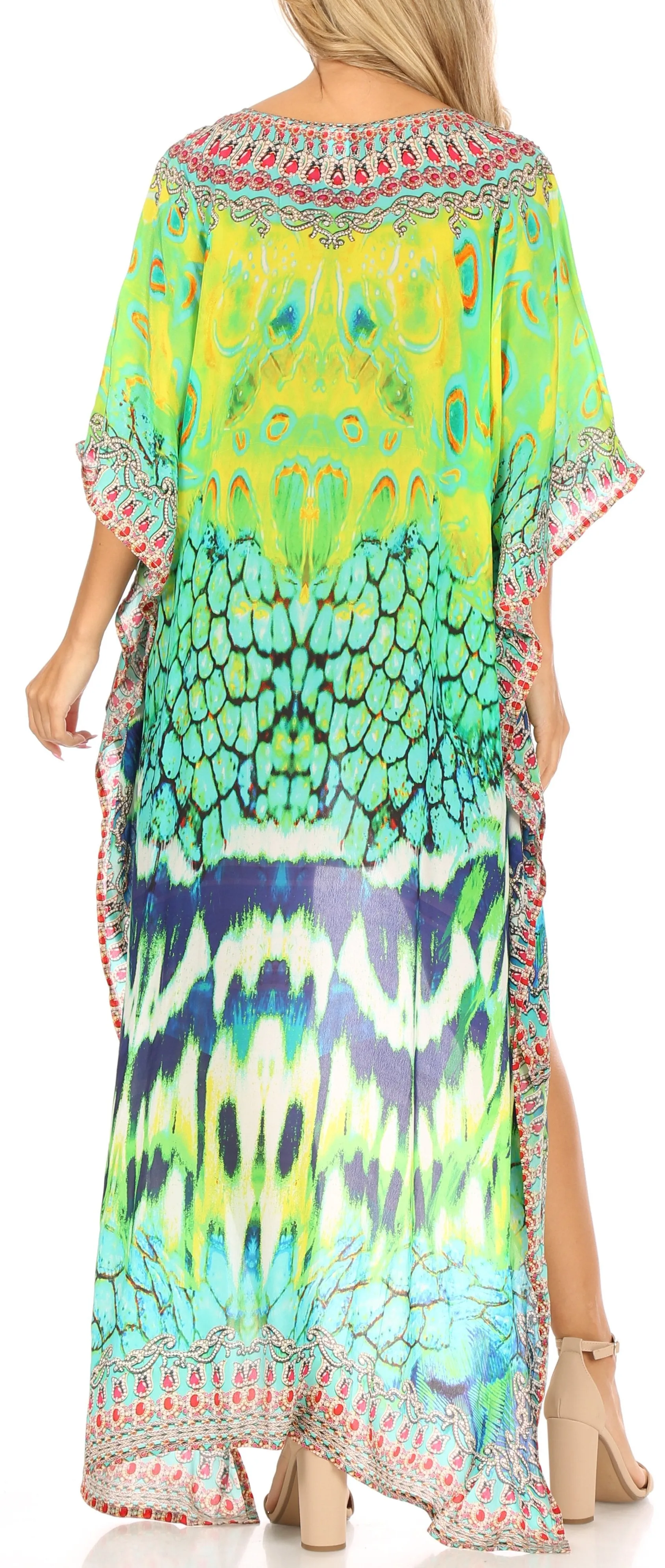 Sakkas Laisson Flowy Hi Low Caftan Rhinestone Boxy V Neck Dress Top Cover / Up