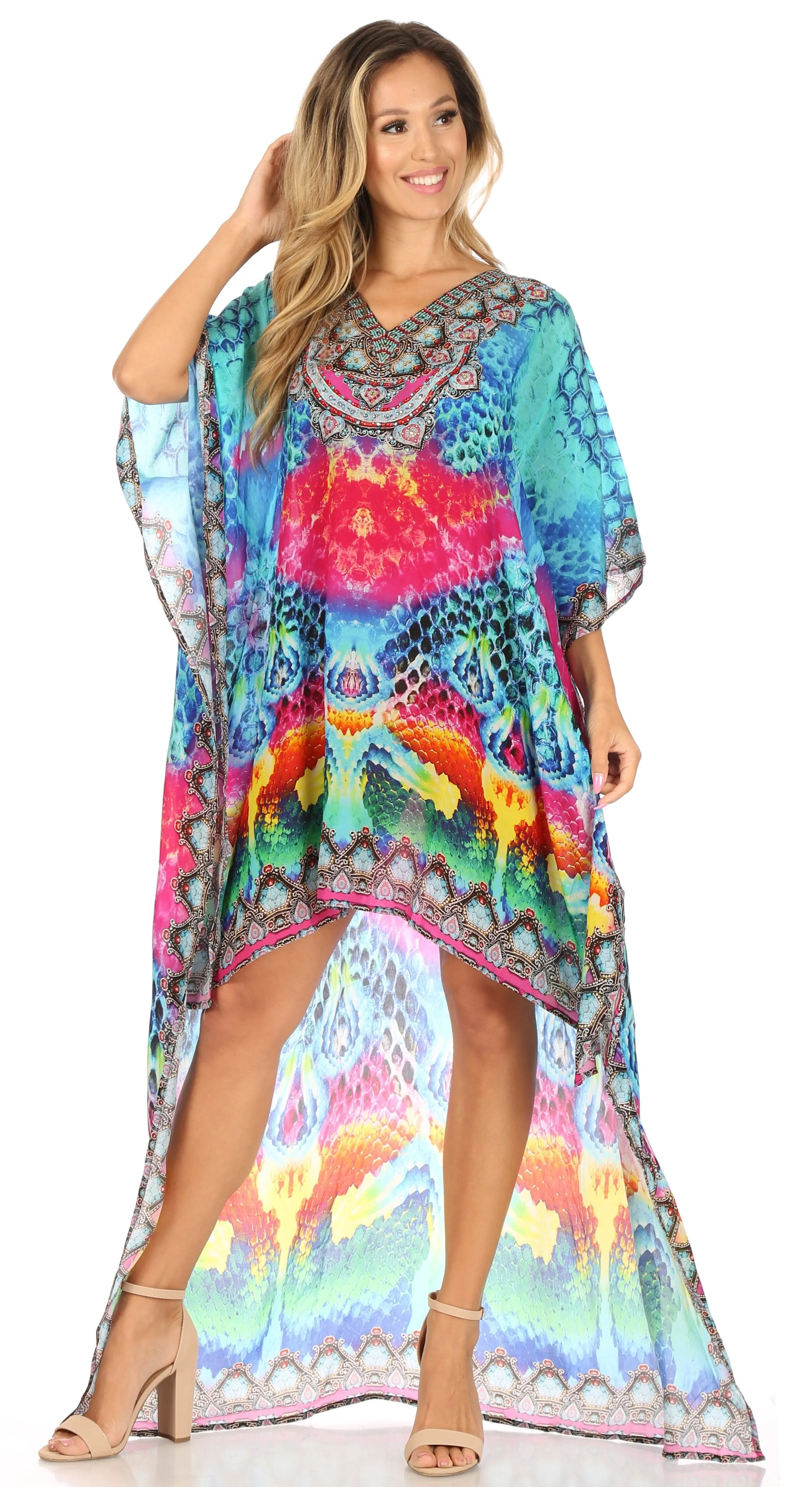 Sakkas Laisson Flowy Hi Low Caftan Rhinestone Boxy V Neck Dress Top Cover / Up