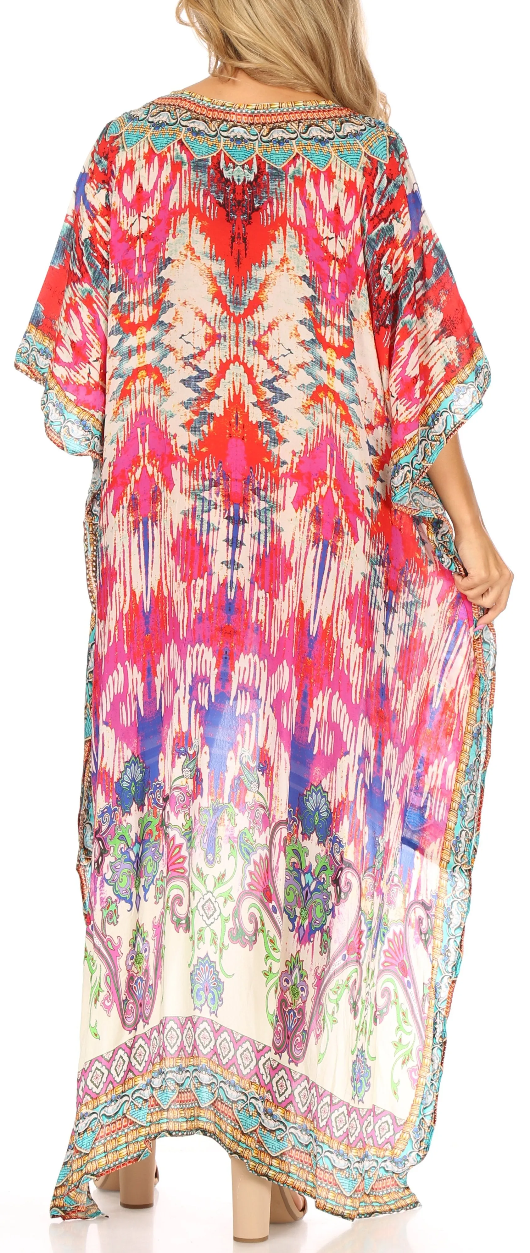 Sakkas Laisson Flowy Hi Low Caftan Rhinestone Boxy V Neck Dress Top Cover / Up