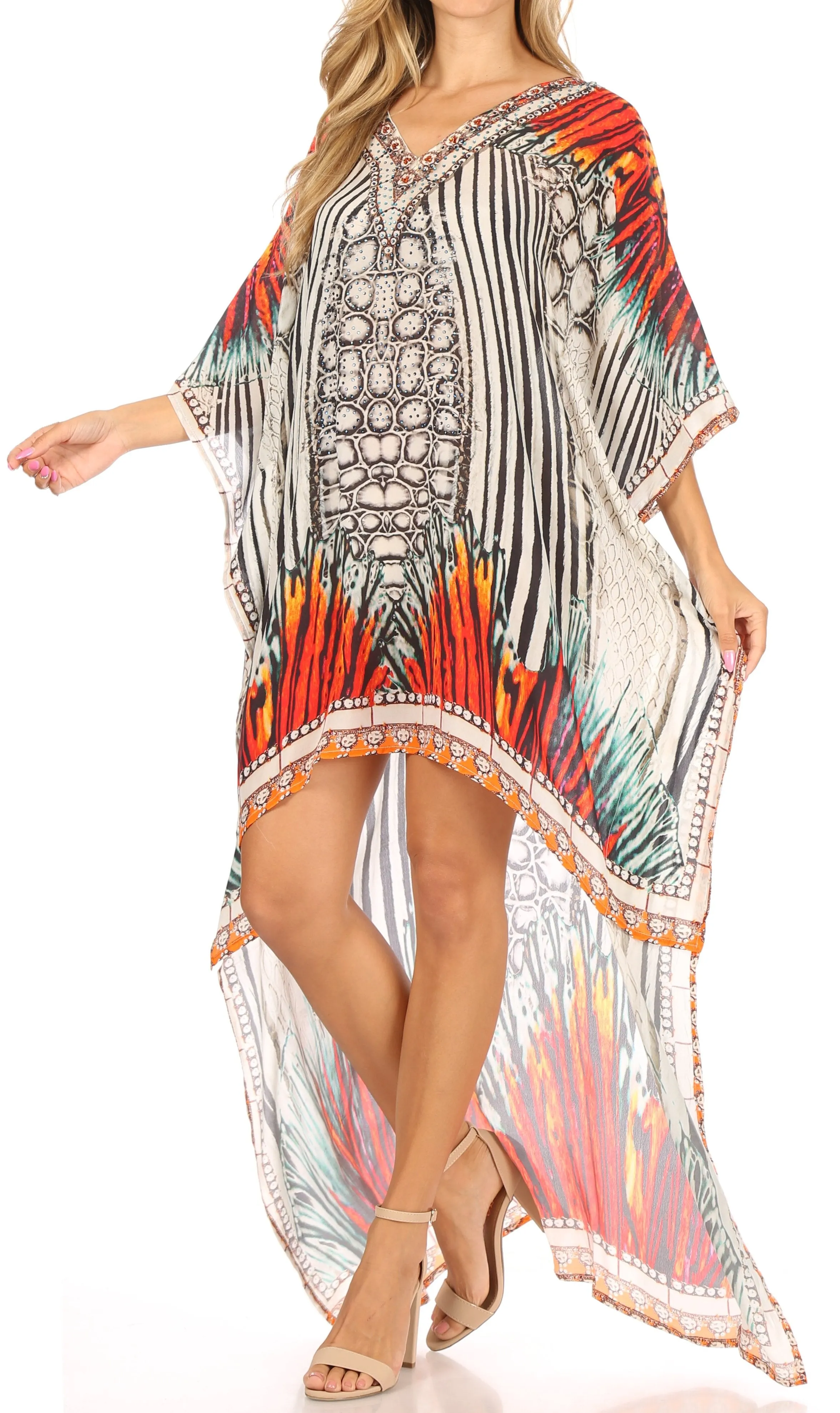 Sakkas Laisson Flowy Hi Low Caftan Rhinestone Boxy V Neck Dress Top Cover / Up