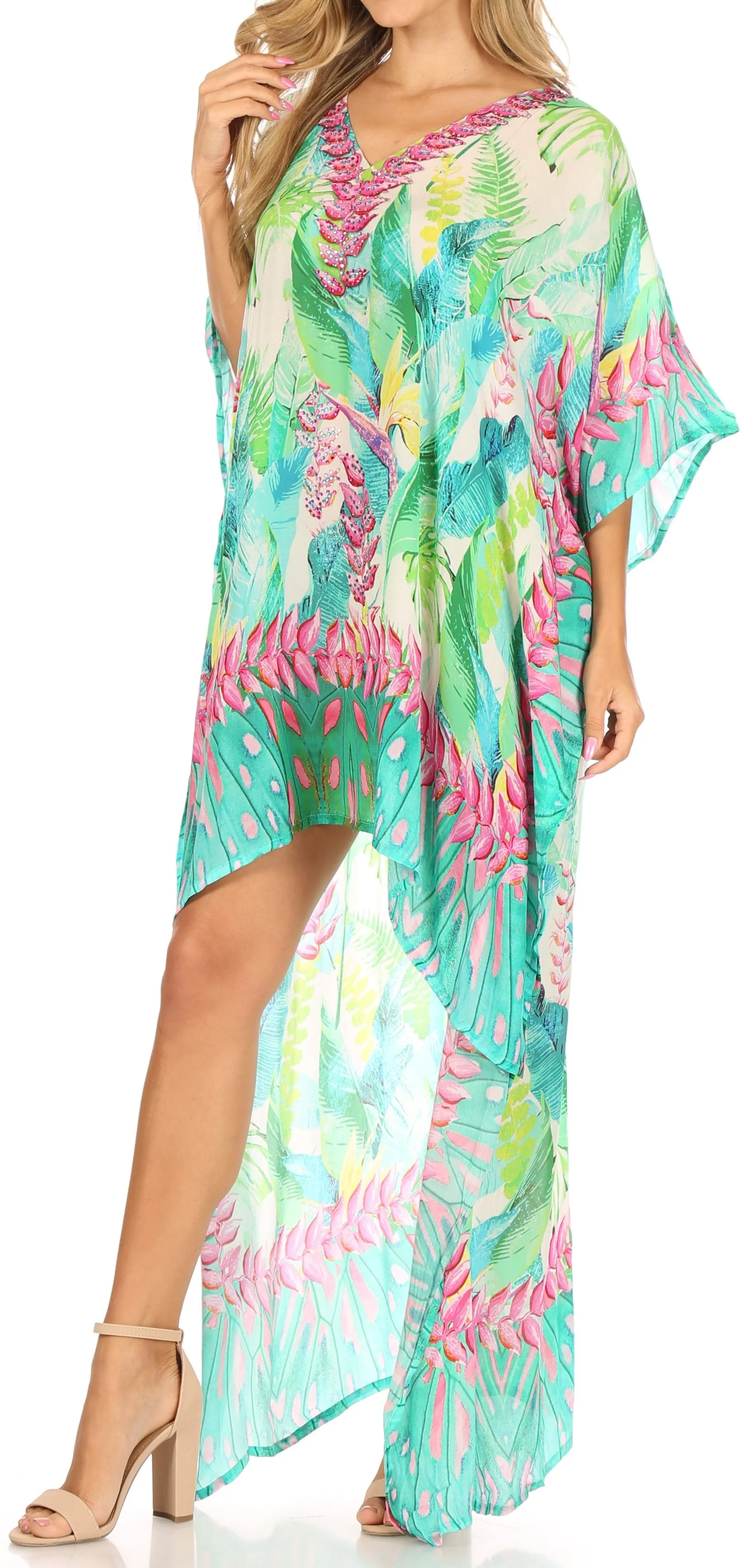 Sakkas Laisson Flowy Hi Low Caftan Rhinestone Boxy V Neck Dress Top Cover / Up