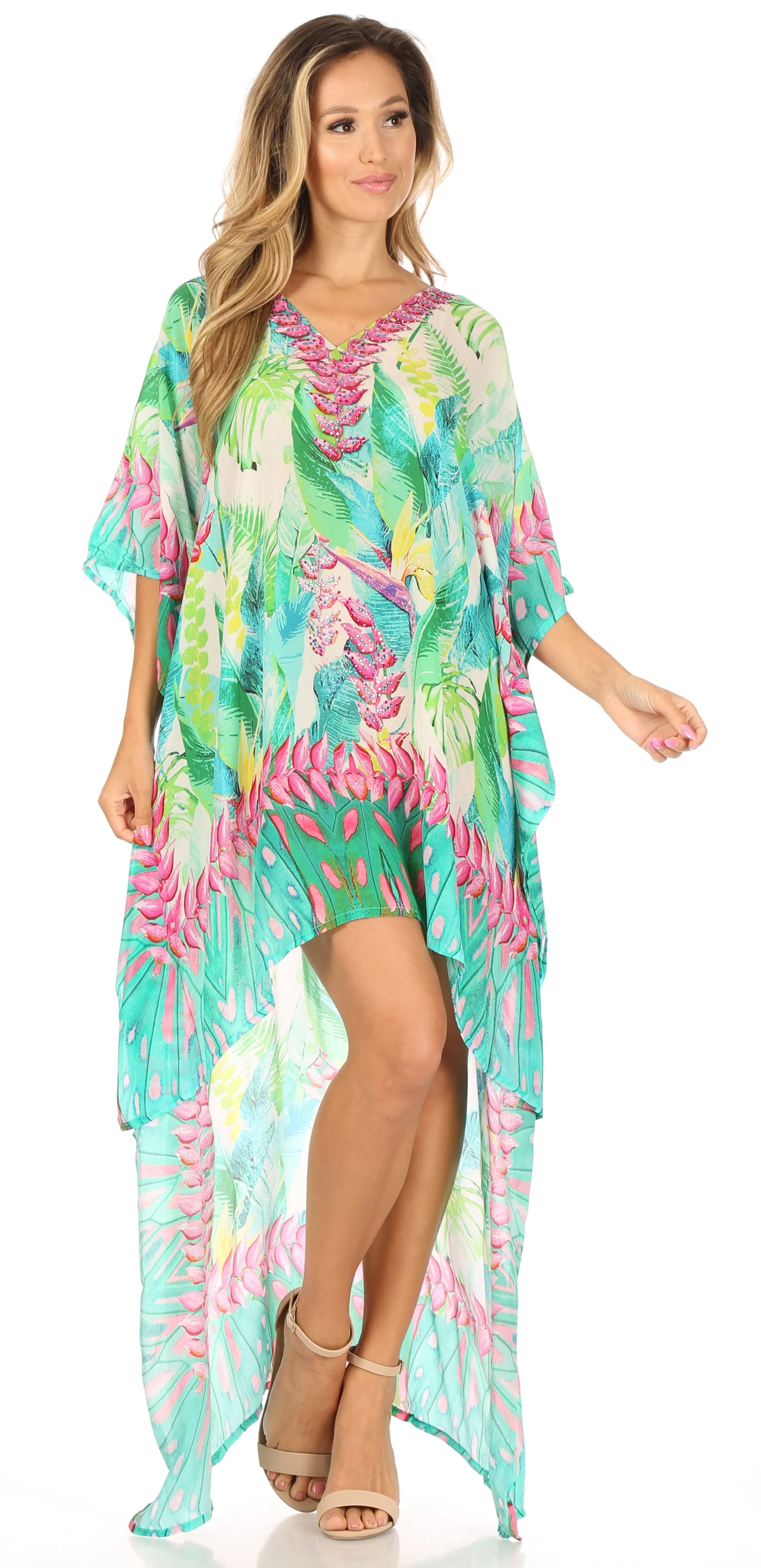 Sakkas Laisson Flowy Hi Low Caftan Rhinestone Boxy V Neck Dress Top Cover / Up