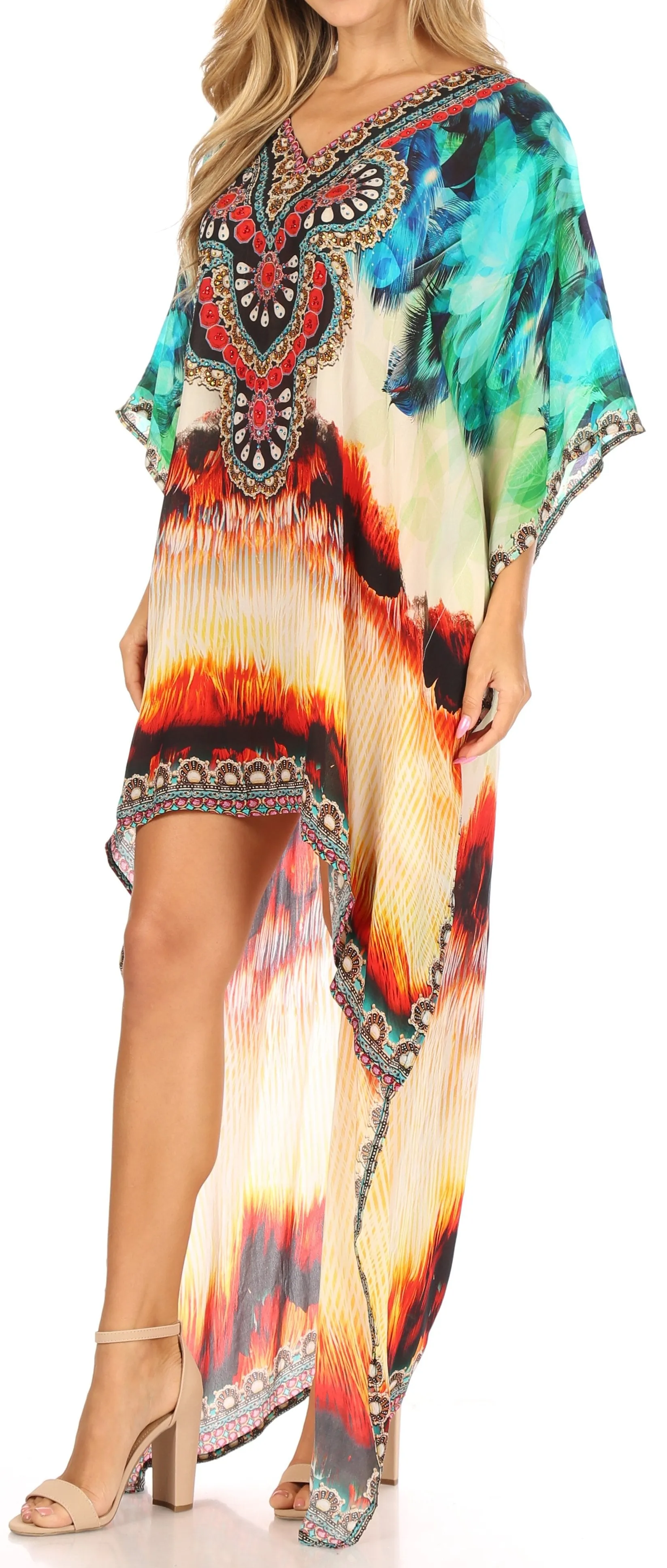 Sakkas Laisson Flowy Hi Low Caftan Rhinestone Boxy V Neck Dress Top Cover / Up