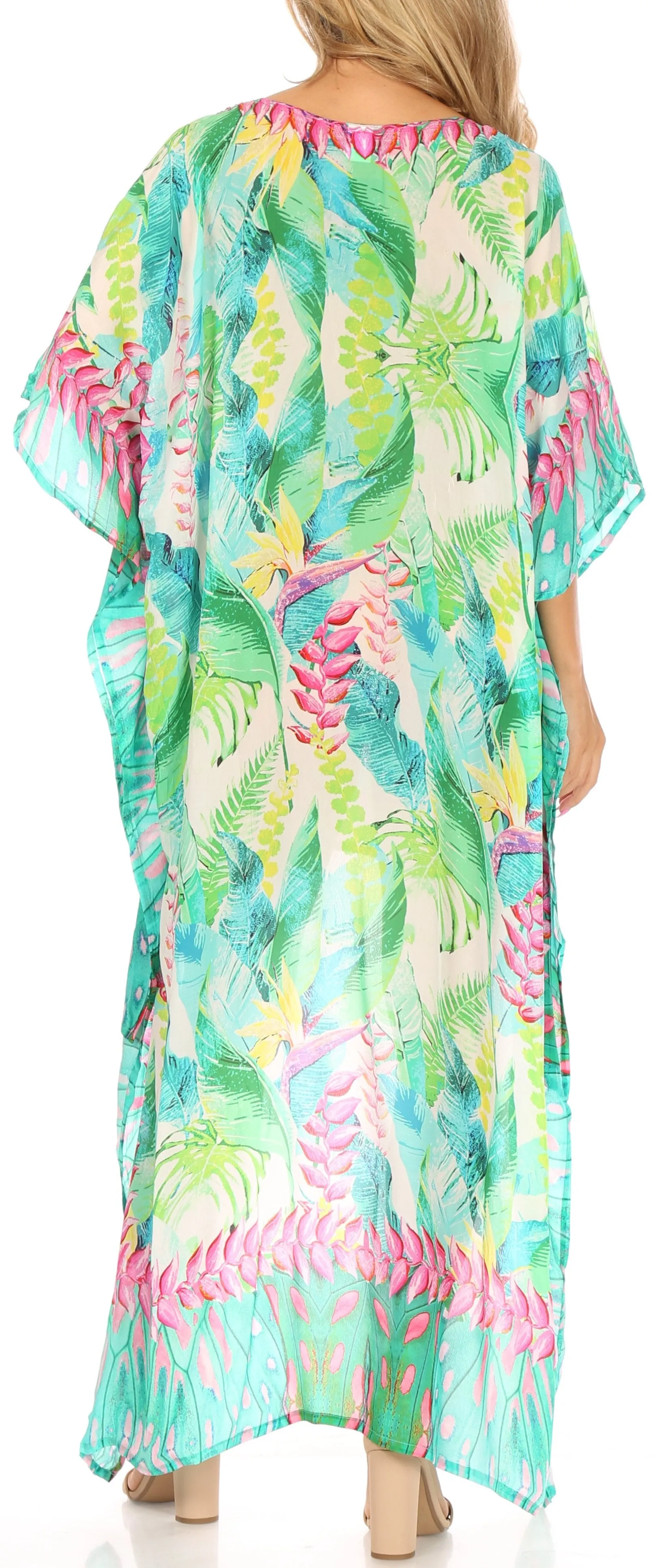 Sakkas Laisson Flowy Hi Low Caftan Rhinestone Boxy V Neck Dress Top Cover / Up