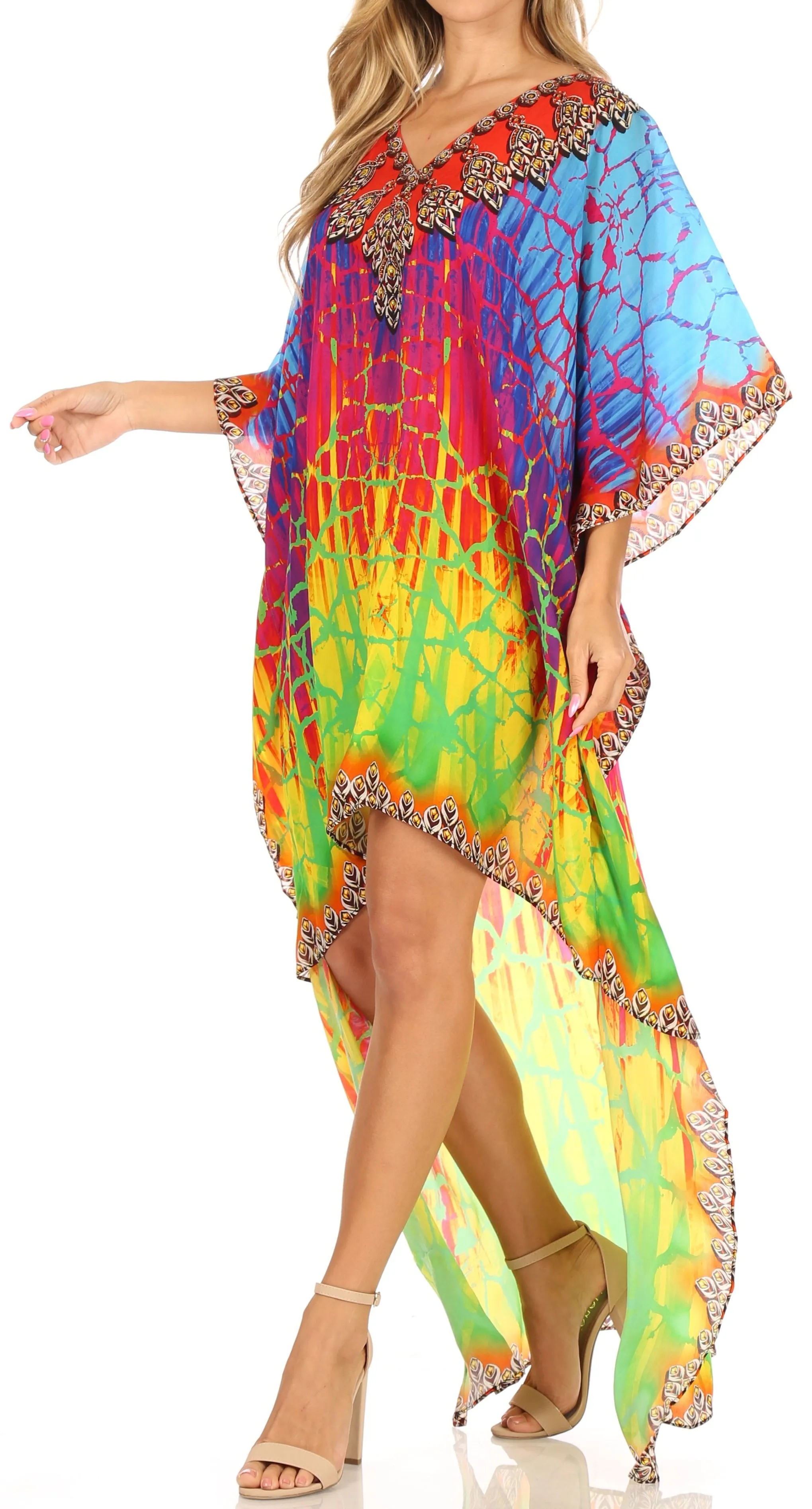 Sakkas Laisson Flowy Hi Low Caftan Rhinestone Boxy V Neck Dress Top Cover / Up