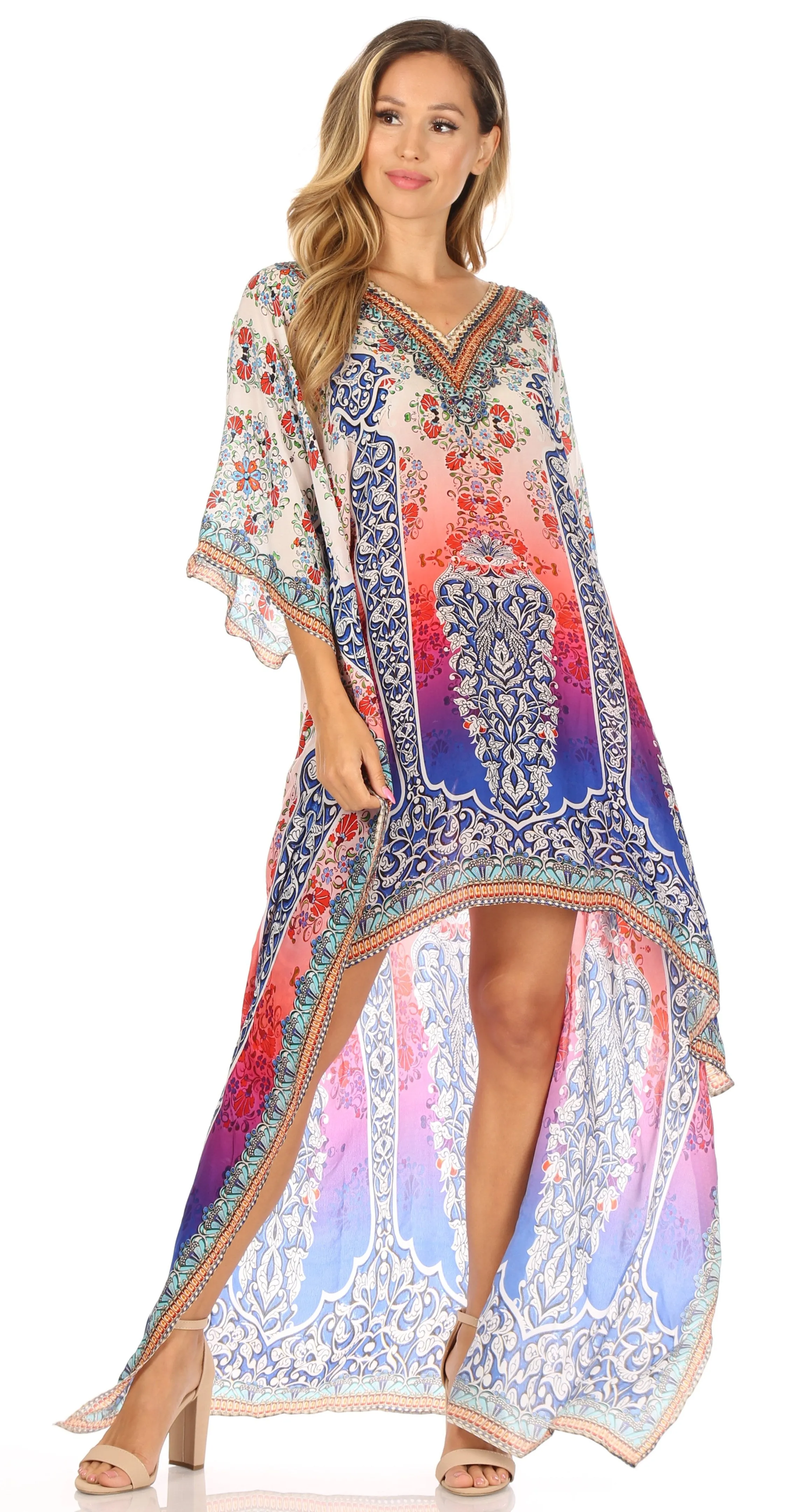 Sakkas Laisson Flowy Hi Low Caftan Rhinestone Boxy V Neck Dress Top Cover / Up