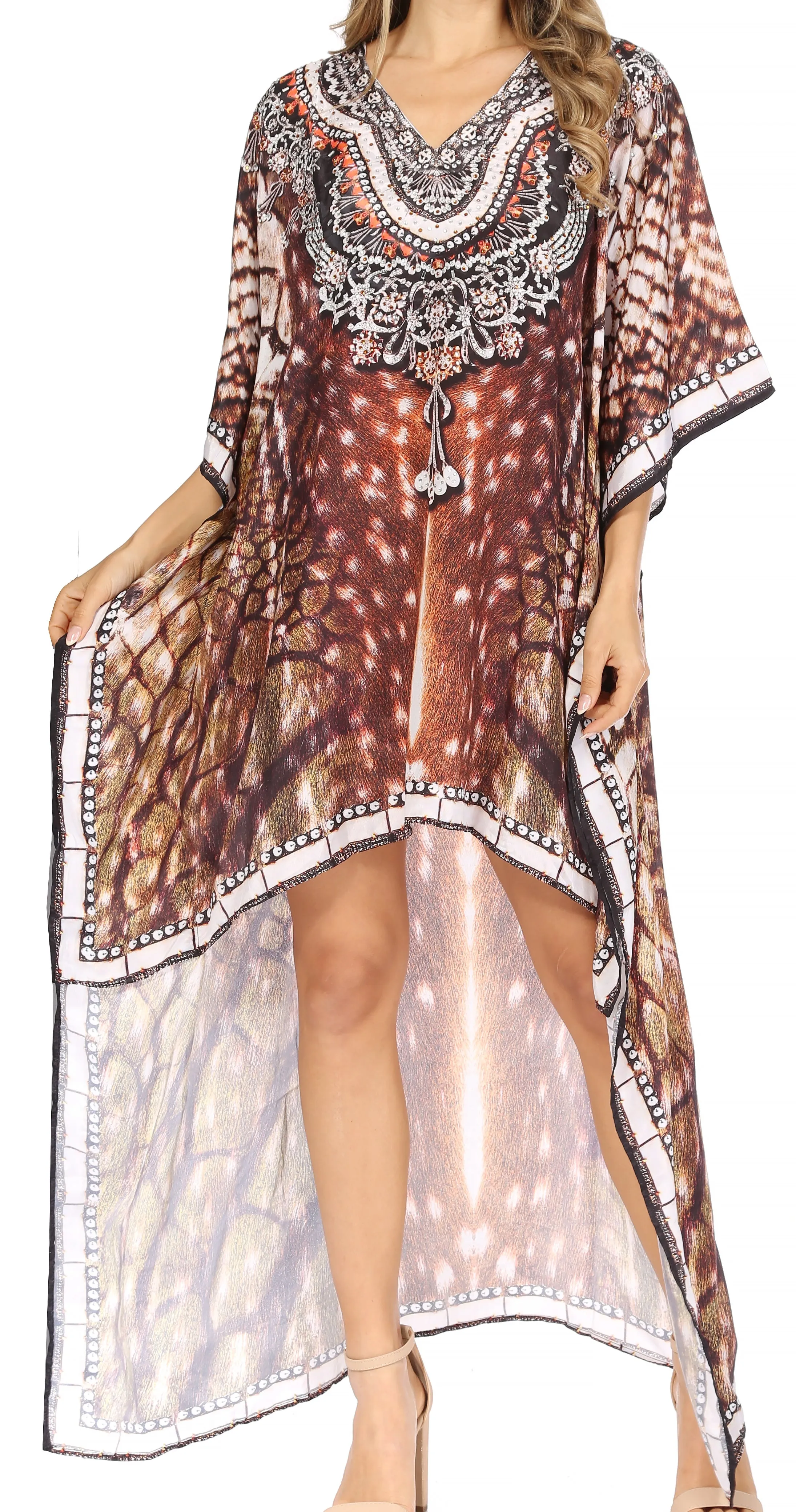 Sakkas Laisson Flowy Hi Low Caftan Rhinestone Boxy V Neck Dress Top Cover / Up