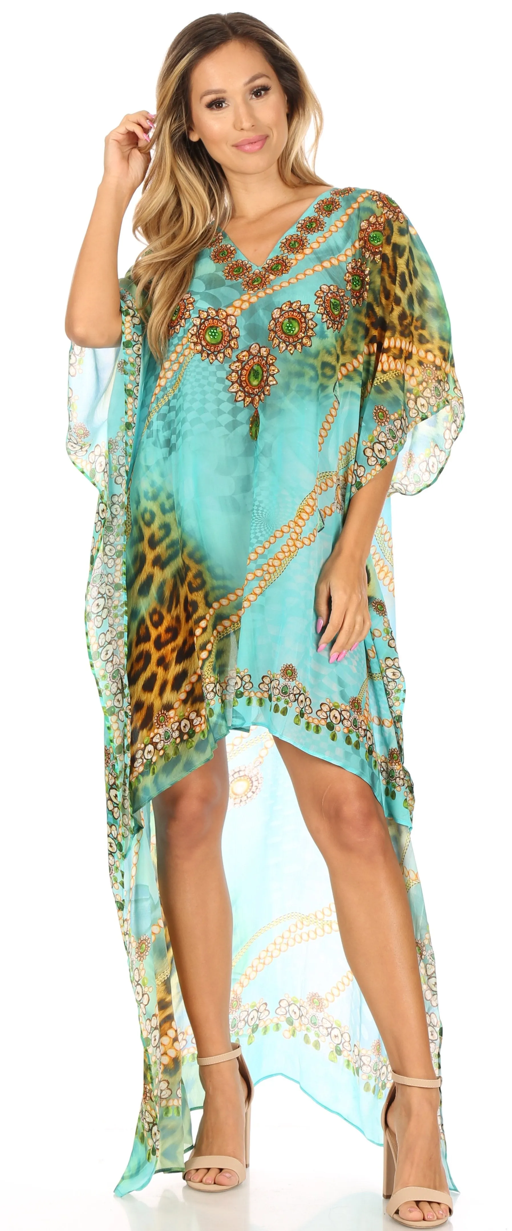 Sakkas Laisson Flowy Hi Low Caftan Rhinestone Boxy V Neck Dress Top Cover / Up