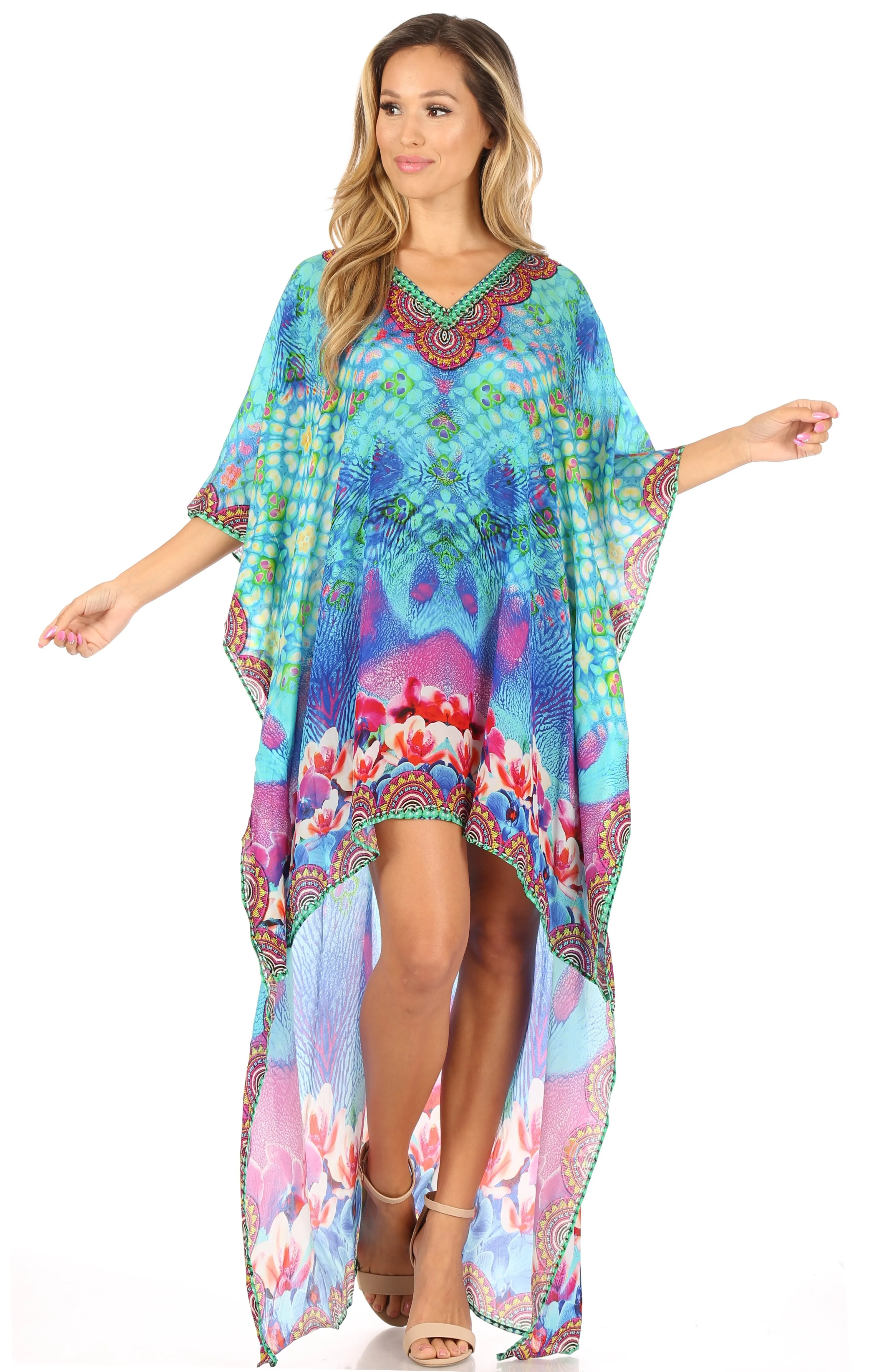 Sakkas Laisson Flowy Hi Low Caftan Rhinestone Boxy V Neck Dress Top Cover / Up